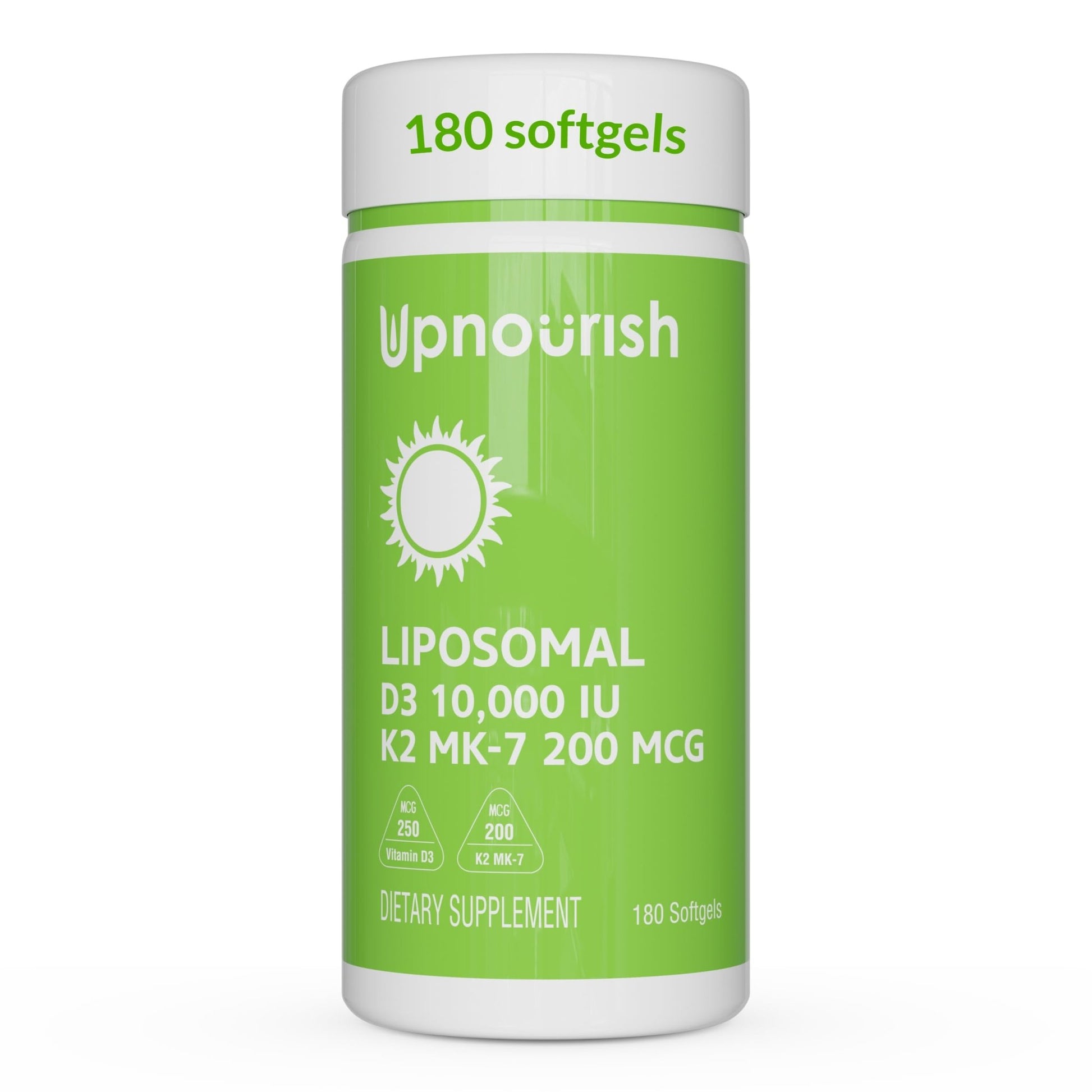 UpNourish Liposomal D3 K2 Vitamin 10000 IU D3 and K2 MK-7 200 mcg - 180 Vitamin D3 k2 (Vitamina D3 con K2) Mini Softgels - Easy to Swallow K2 D3 Vitamin - OzHealthStandard