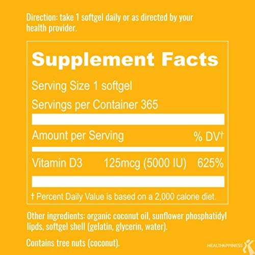 UpNourish Liposomal Vitamin D3 5000 IU Softgels - 1 Year Supply | Organic Coconut Oil Infused Vitamin D Supplements - Support Bone, Dental, Heart, Mood & Immune Health - Non GMO Gluten Free - 365 ct - OzHealthStandard