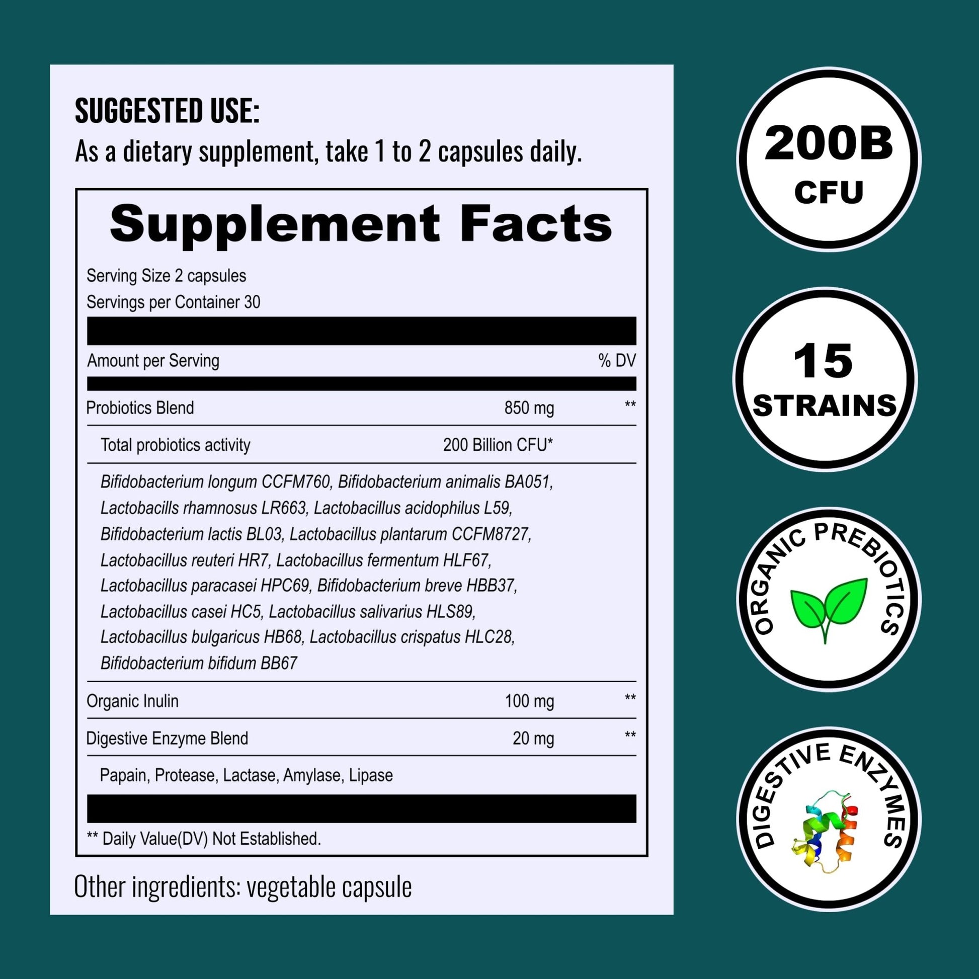 UpNourish Probiotics - 200 Billion CFUs for Men and Women, 15 Clinically Studied Strains, Prebiotics & Enzymes - 60 Vegan Capsules - OzHealthStandard