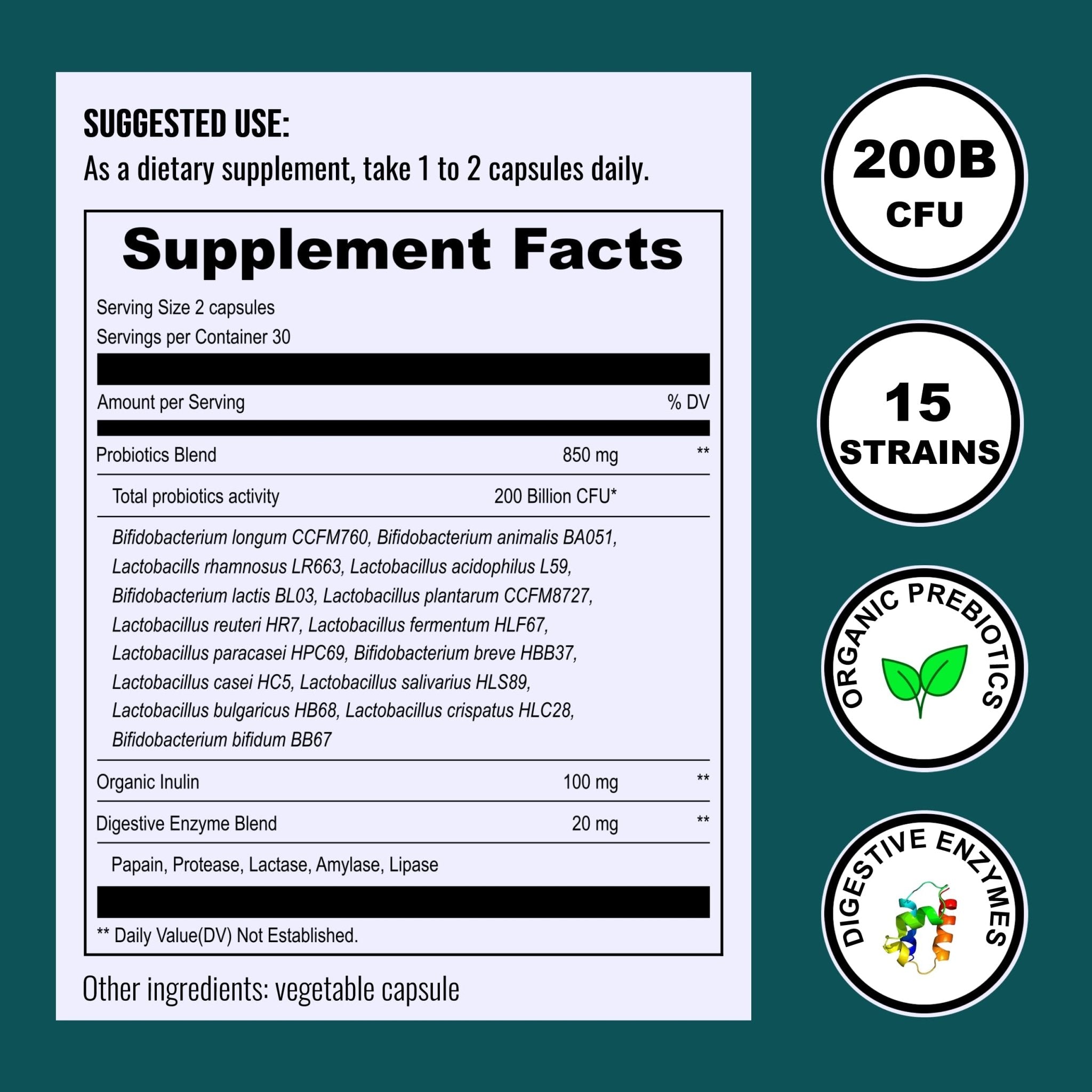 UpNourish Probiotics - 200 Billion CFUs for Men and Women, 15 Clinically Studied Strains, Prebiotics & Enzymes - 60 Vegan Capsules - OzHealthStandard