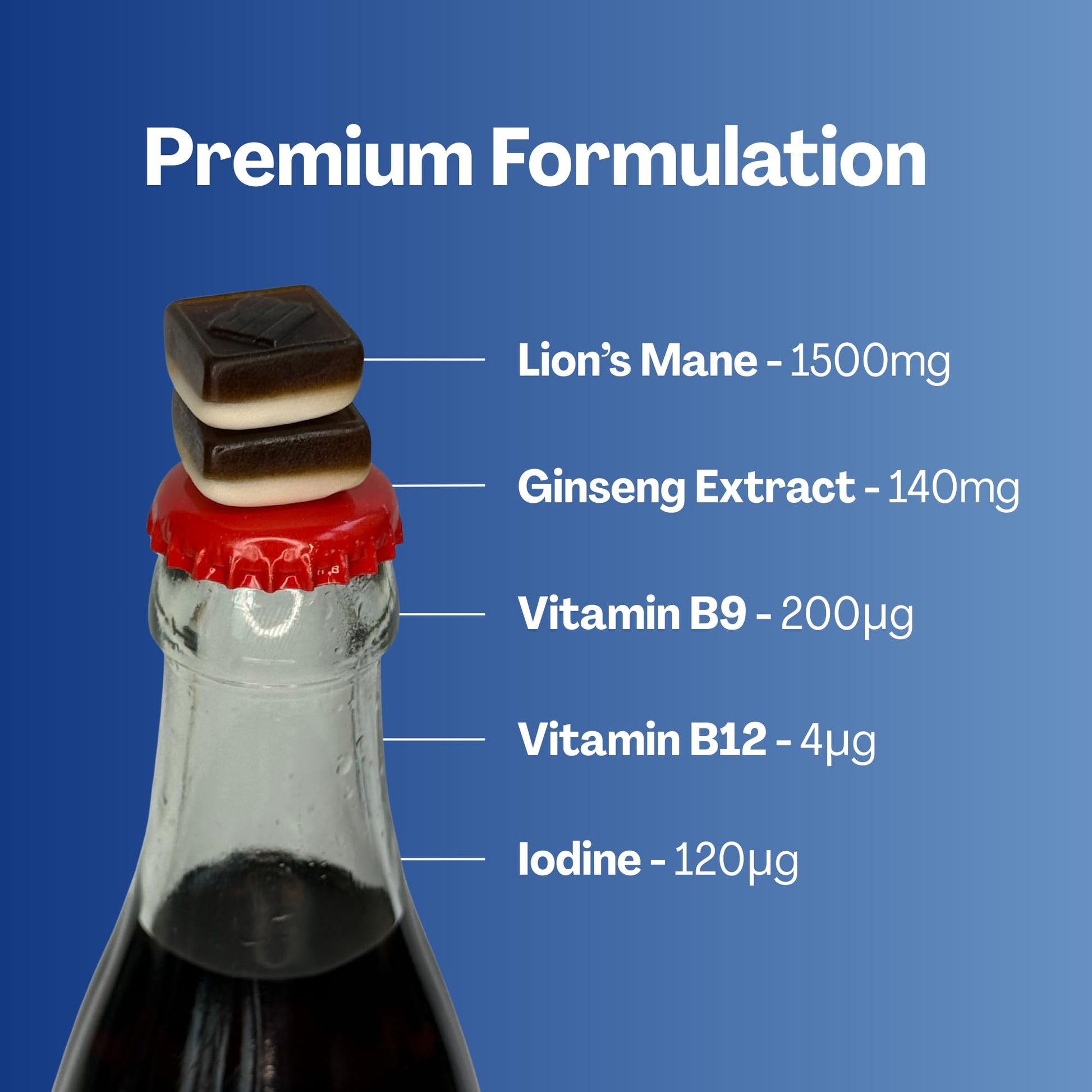 URVI 1500mg Lion's Mane Gummies with Ginseng, Folate 5-MTHF, B12 & Iodine – Focus Nootropic Brain Supplement Boosts Memory, Focus & Energy – Sugar-Free – Cola Flavor – 60 Count - OzHealthStandard