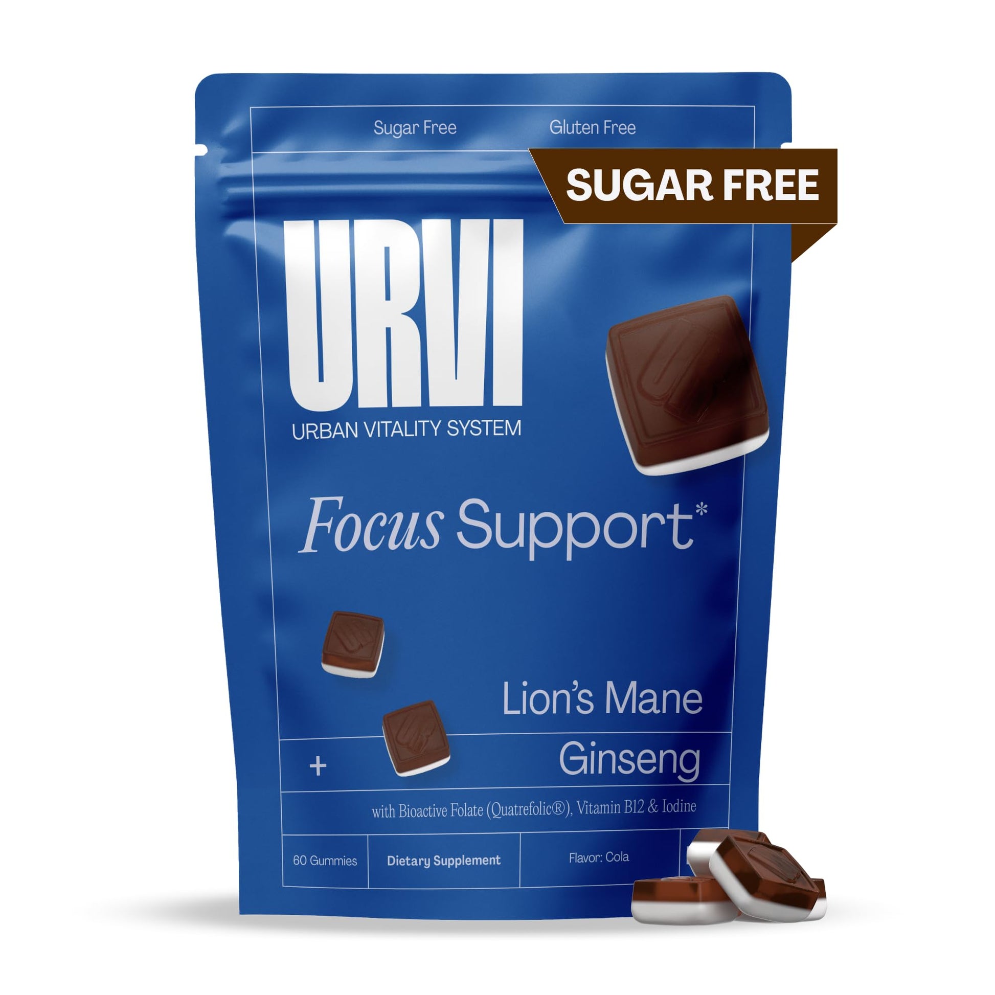 URVI 1500mg Lion's Mane Gummies with Ginseng, Folate 5-MTHF, B12 & Iodine – Focus Nootropic Brain Supplement Boosts Memory, Focus & Energy – Sugar-Free – Cola Flavor – 60 Count - OzHealthStandard