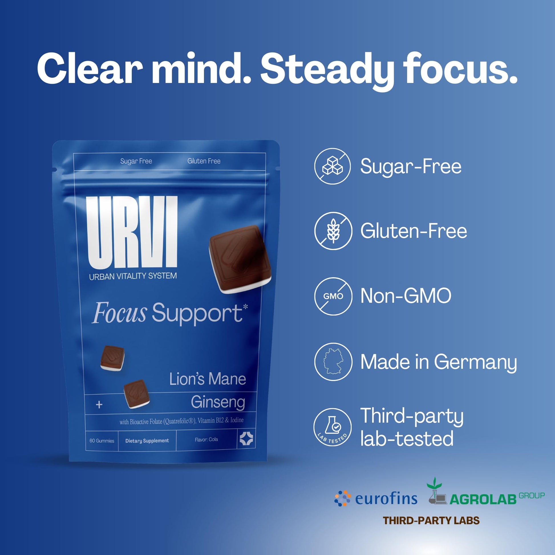 URVI 1500mg Lion's Mane Gummies with Ginseng, Folate 5-MTHF, B12 & Iodine – Focus Nootropic Brain Supplement Boosts Memory, Focus & Energy – Sugar-Free – Cola Flavor – 60 Count - OzHealthStandard