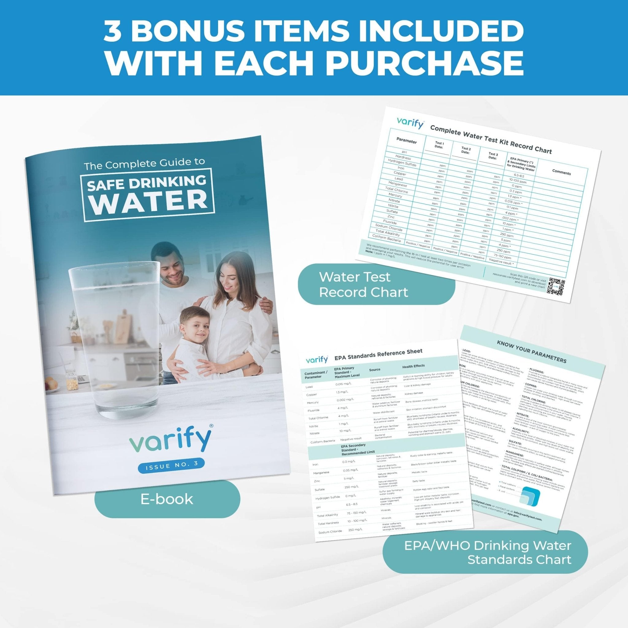Varify 17in1 Complete Drinking Water Test Kit - 100 Strips + 2 Bacteria Tester Kits - Well, Tap, Home, City Water Testing Strip for Lead, Alkaline, Chlorine, Hardness, Iron, Fluoride, Copper & More - OzHealthStandard