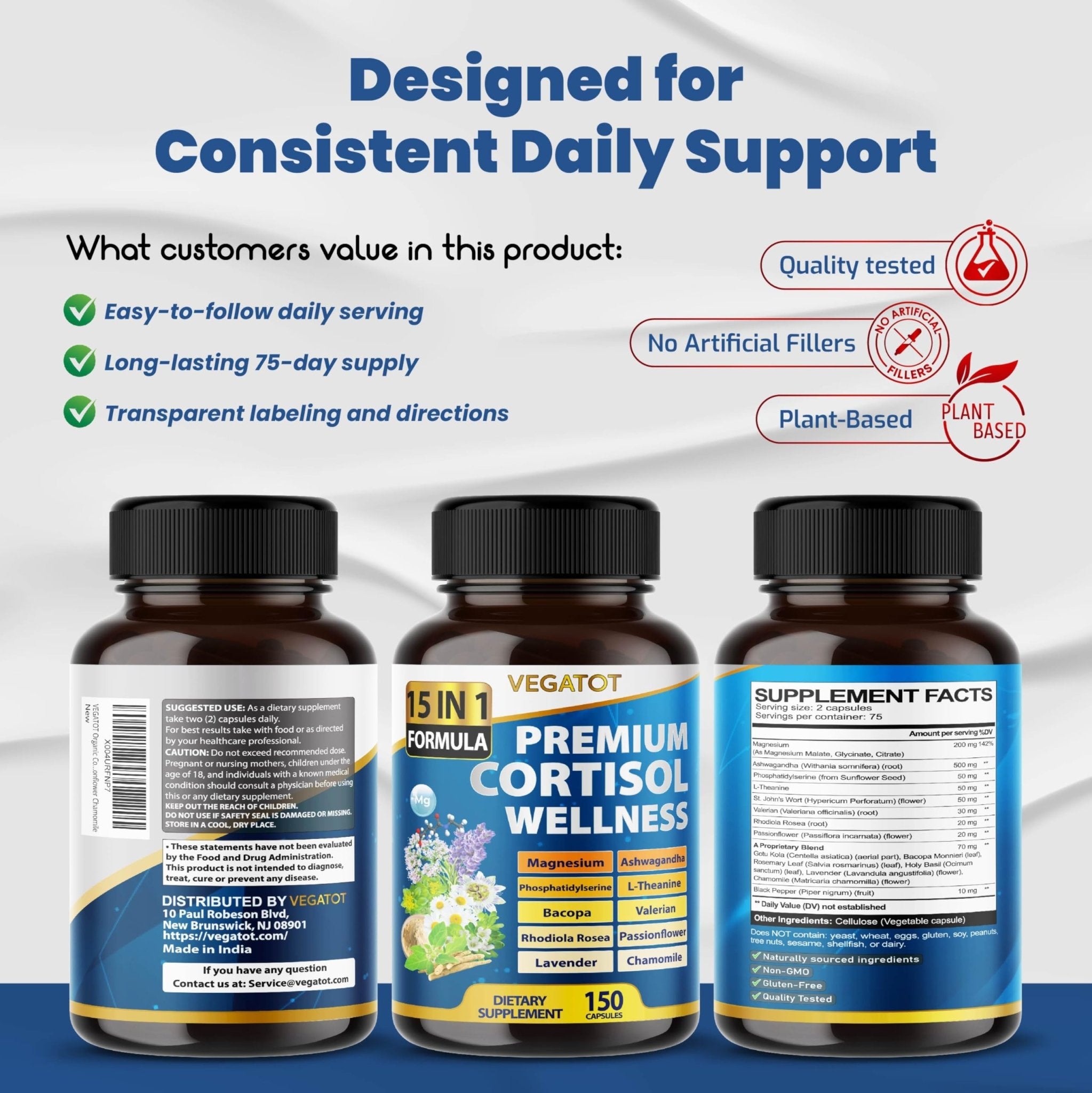 VEGATOT Organic Cortisol Wellness Complex 15-in-1 Formula with Magnesium Ashwagandha St. John's Wort Valerian Rhodiola Rosea Passionflower Chamomile - OzHealthStandard