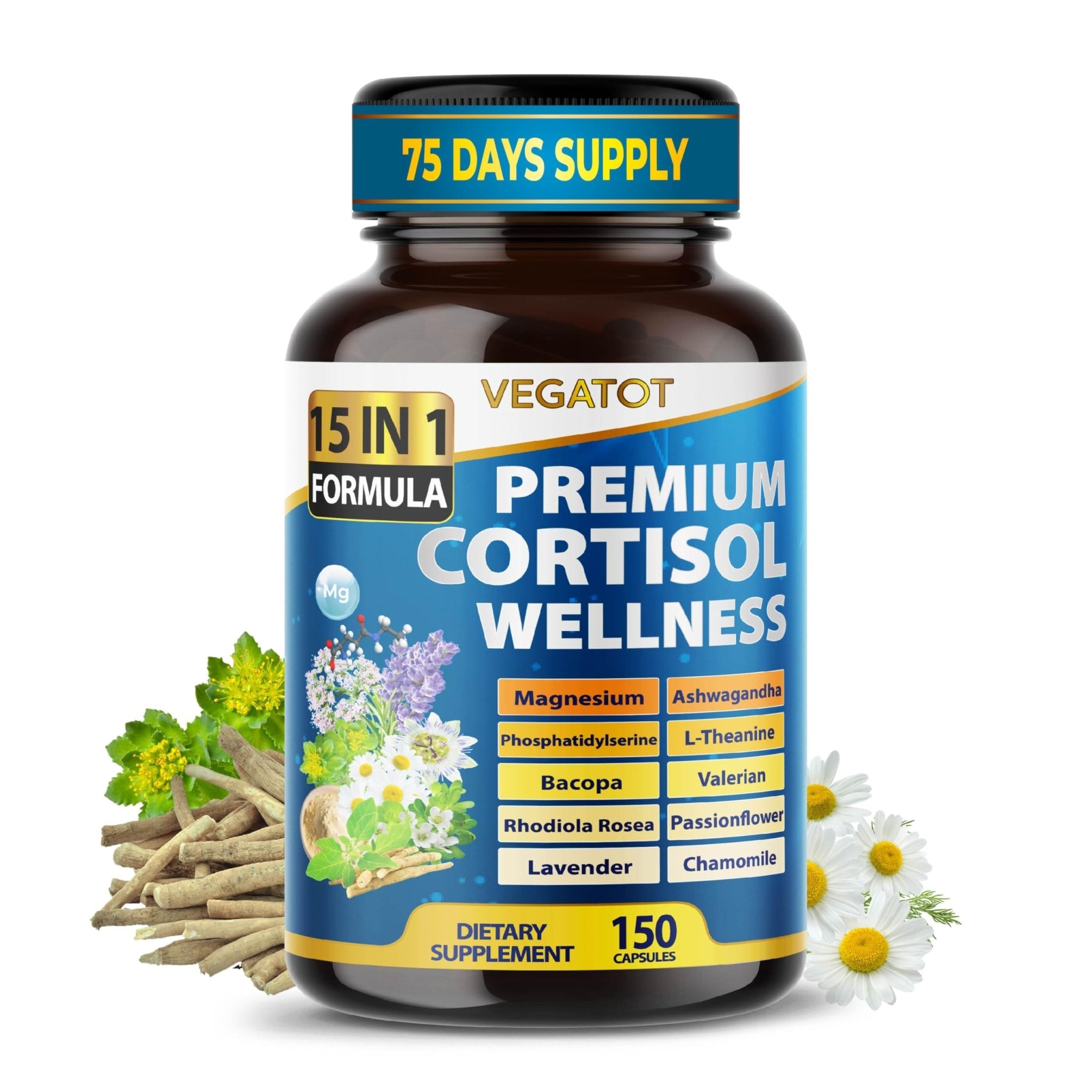 VEGATOT Organic Cortisol Wellness Complex 15-in-1 Formula with Magnesium Ashwagandha St. John's Wort Valerian Rhodiola Rosea Passionflower Chamomile - OzHealthStandard