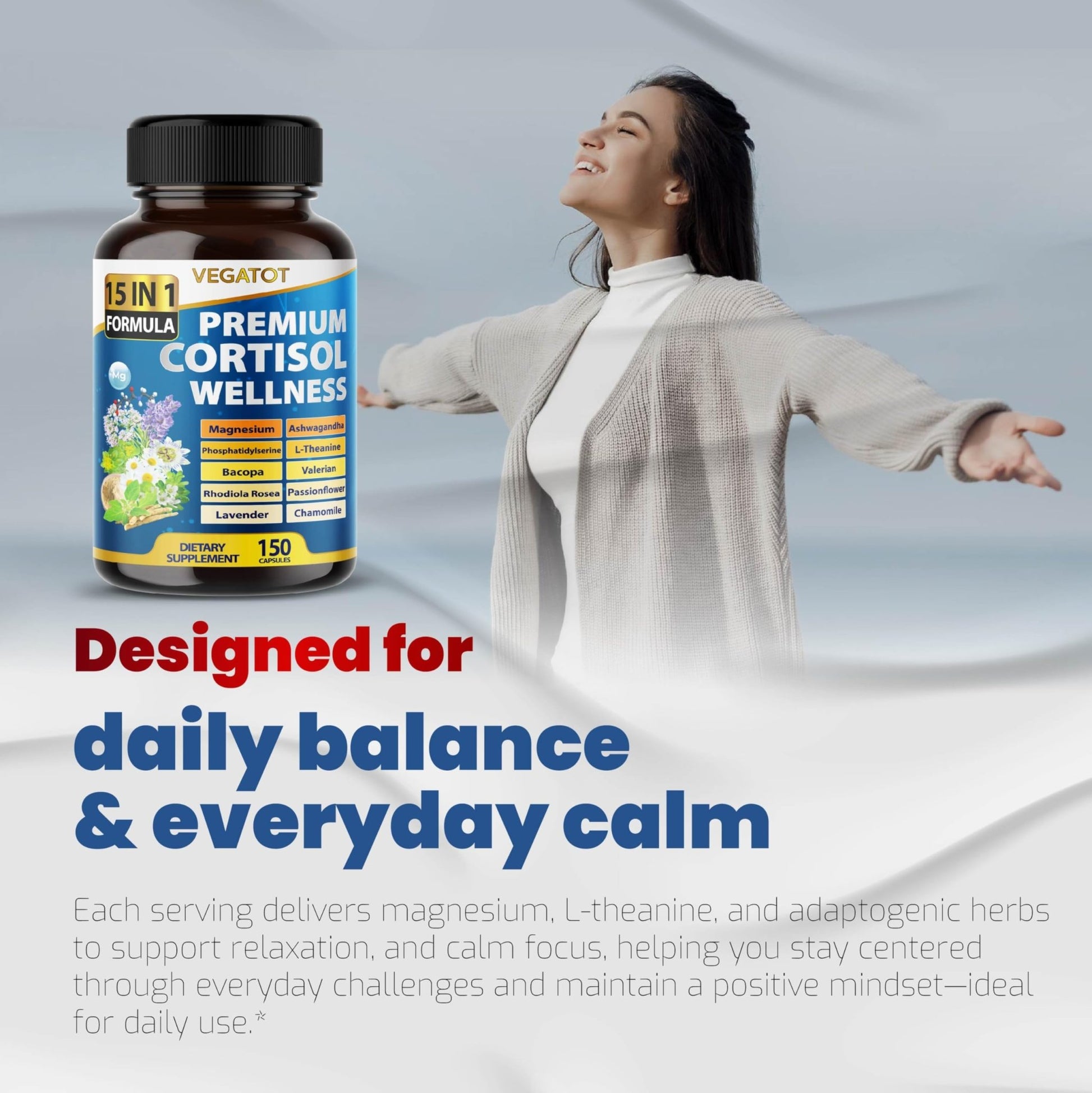 VEGATOT Organic Cortisol Wellness Complex 15-in-1 Formula with Magnesium Ashwagandha St. John's Wort Valerian Rhodiola Rosea Passionflower Chamomile - OzHealthStandard
