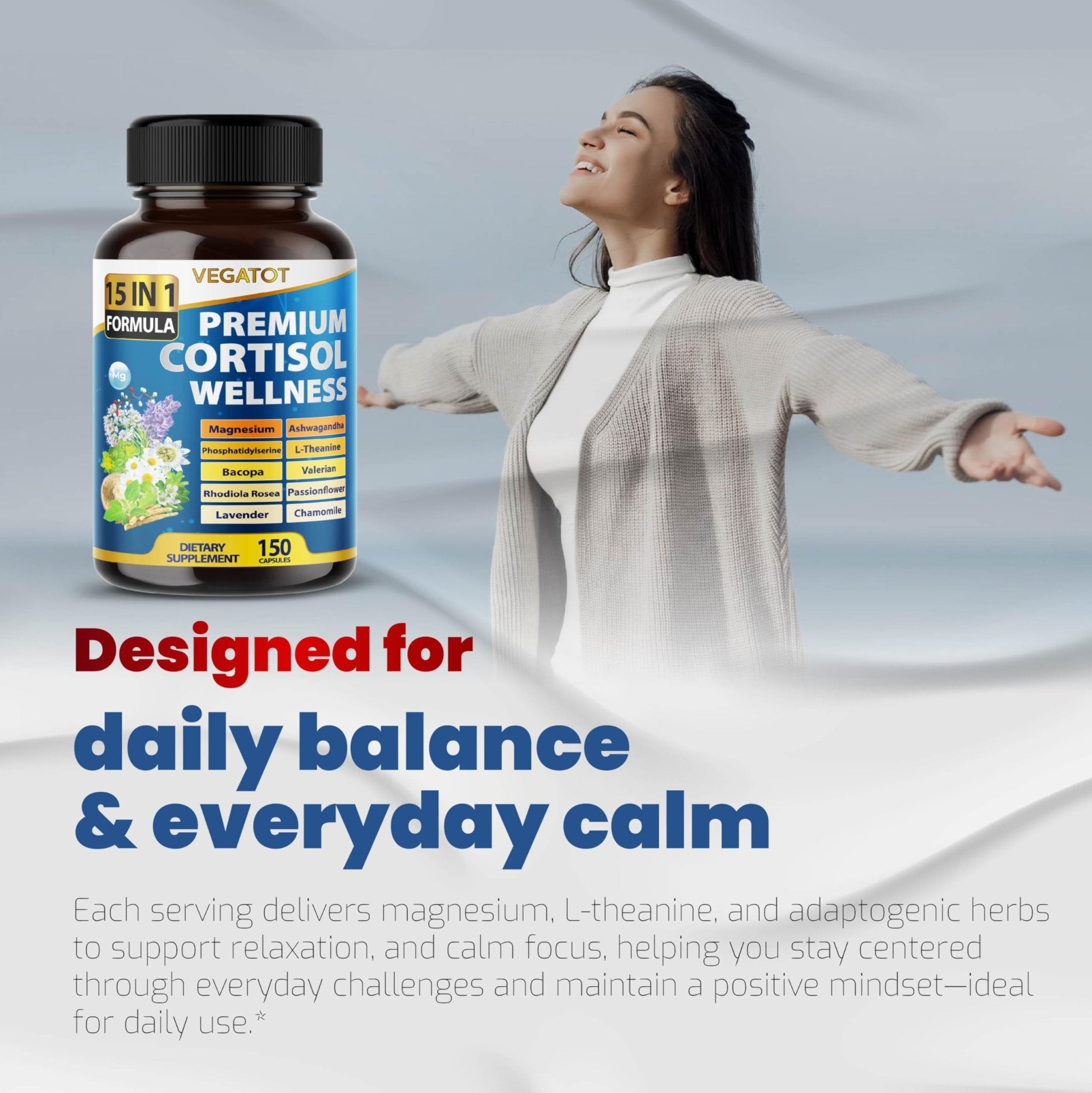 VEGATOT Organic Cortisol Wellness Complex 15-in-1 Formula with Magnesium Ashwagandha St. John's Wort Valerian Rhodiola Rosea Passionflower Chamomile - OzHealthStandard