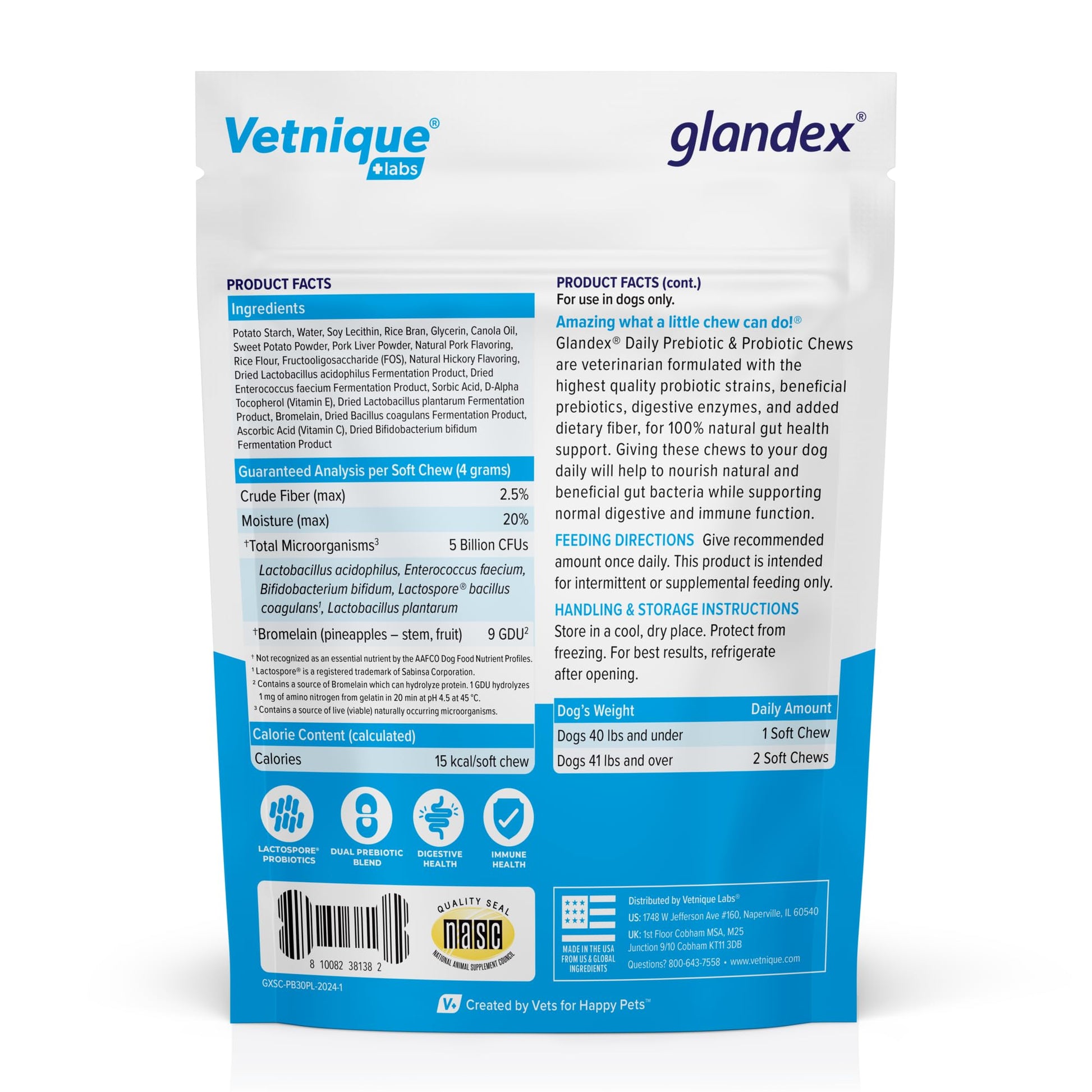 Vetnique Glandex Daily Probiotics for Dogs with Prebiotics to Support Gut Health with Fiber and Digestive Enzymes, Dog Probiotic Chews or Powders (30ct Chews, Bacon Chews) - OzHealthStandard