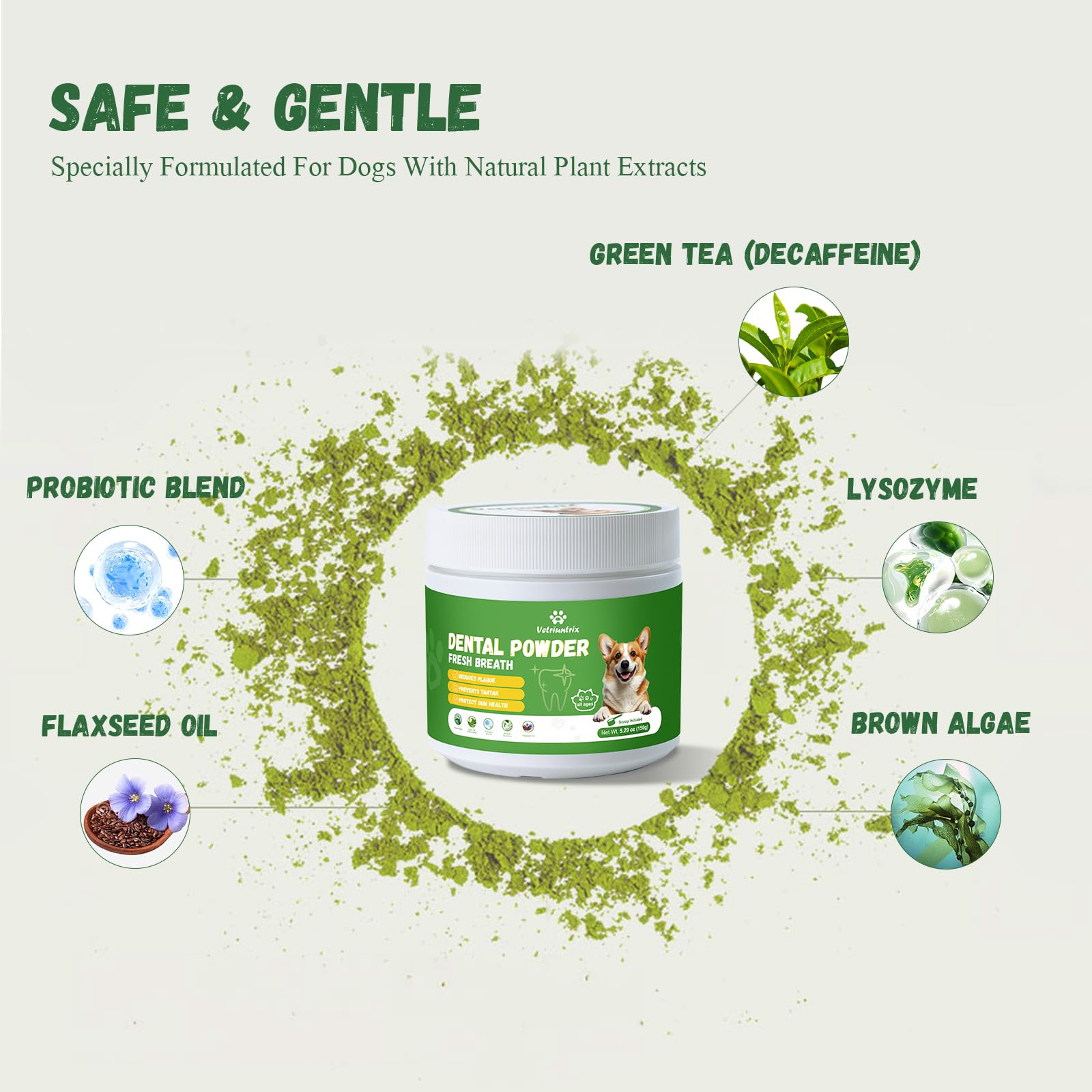 Vetriuntrix Dog Dental Powder, Dental Powder for Dogs Teeth Cleaning and Breath Fresh, Dog Teeth Cleaning Powder with Natural Plants Ingredients and Postbiotics, 200g - OzHealthStandard