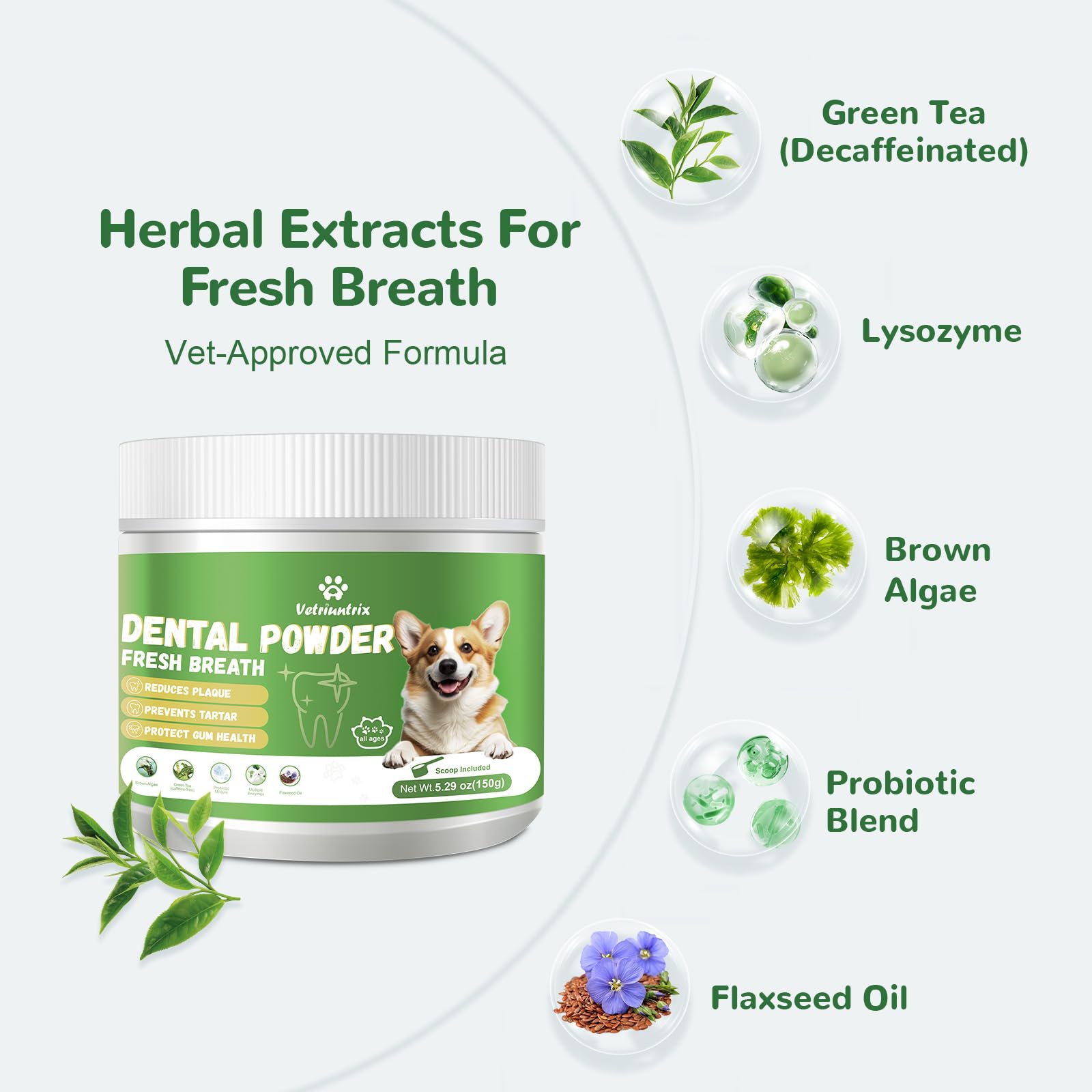 Vetriuntrix Dog Teeth Cleaning Powder, Dental Powder for Dogs Teeth Tartar Remove & Plaque Off, Fresh Breath for Dogs with Natural Plants Blend, Enzymes and Postbiotics, 300g - OzHealthStandard