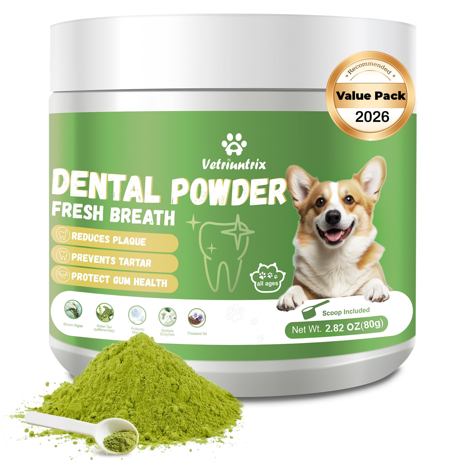 Vetriuntrix Dog Teeth Cleaning Powder, Dental Powder for Dogs Teeth Tartar Remove & Plaque Off, Fresh Breath for Dogs with Natural Plants Blend, Enzymes and Postbiotics, 80g - OzHealthStandard