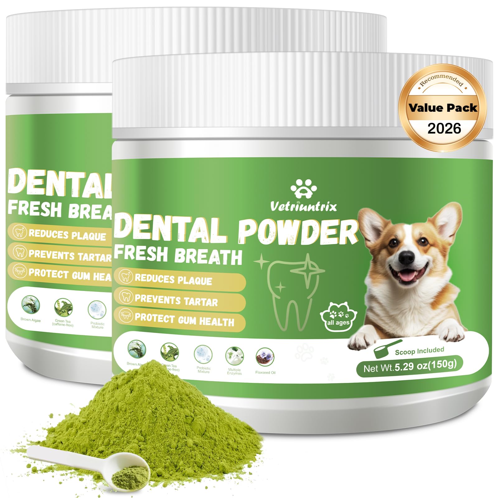 Vetriuntrix Dog Teeth Cleaning Powder, Dental Powder for Dogs Teeth Tartar Remove & Plaque Off, Fresh Breath for Dogs with Natural Plants Blend, Enzymes and Postbiotics, 300g - OzHealthStandard