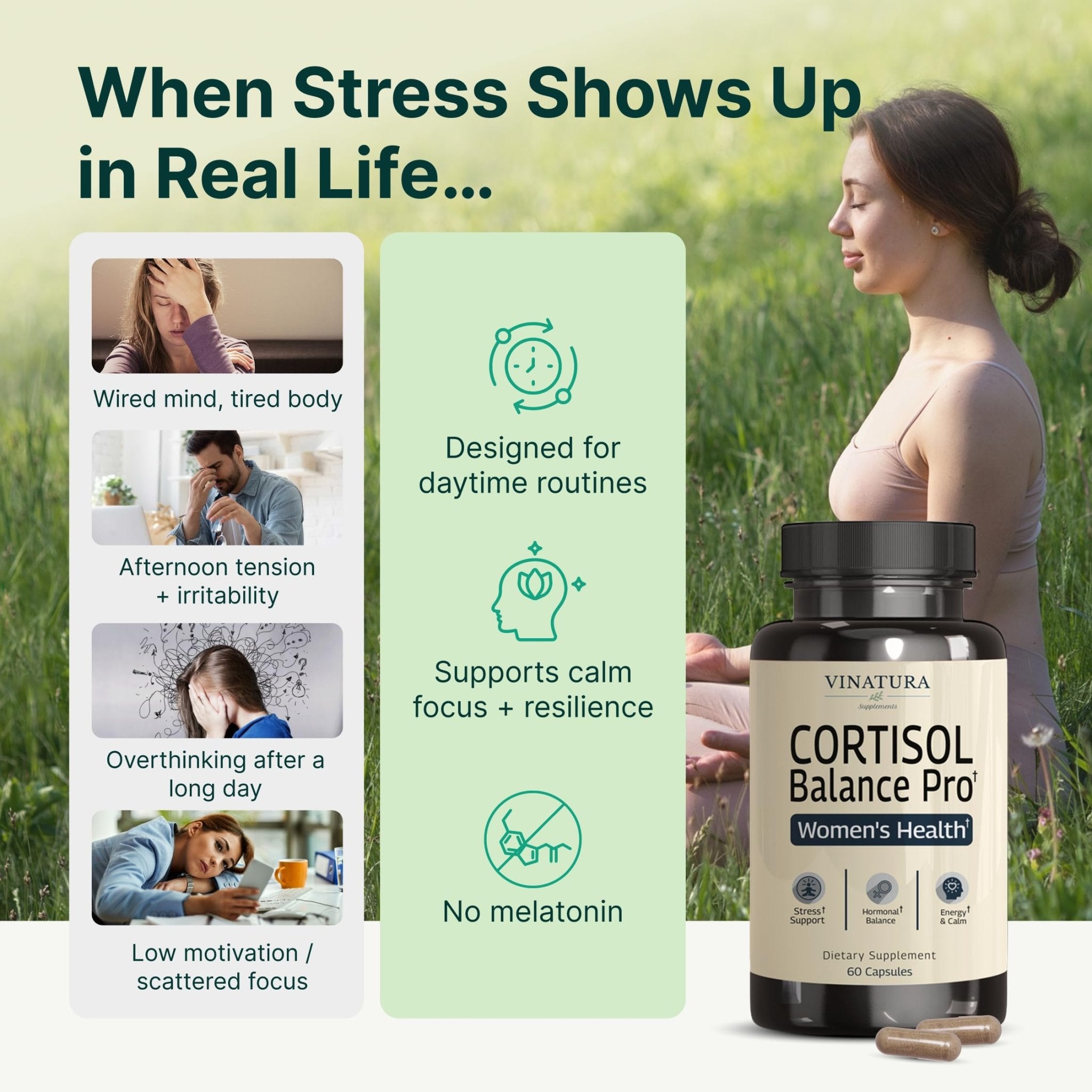 VINATURA Cortisol Supplements for Women - Cortisol Detox and Management - Adrenal Support, Stress Support, 60 Vegan Capsules - OzHealthStandard