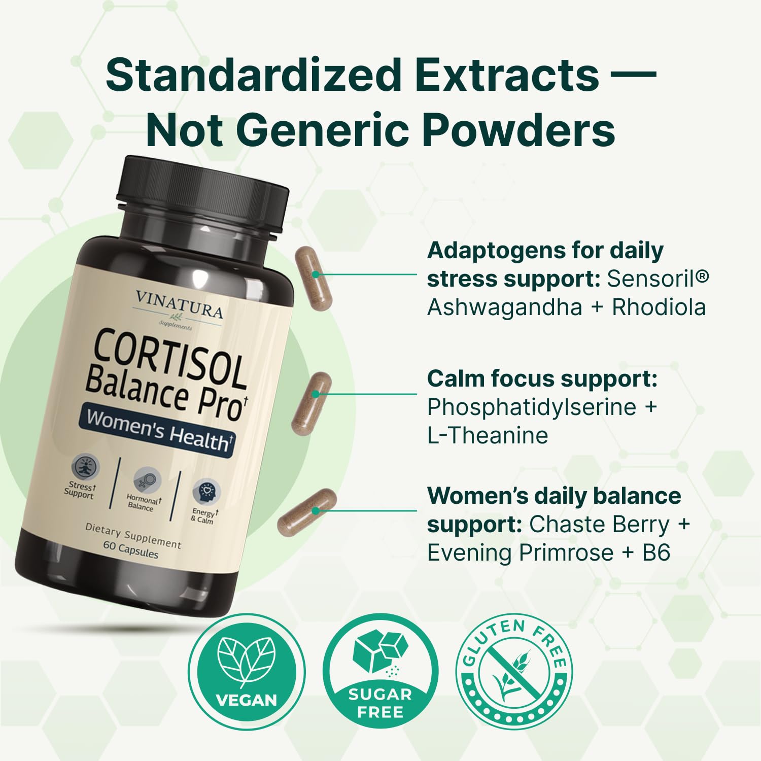 VINATURA Cortisol Supplements for Women - Cortisol Detox and Management - Adrenal Support, Stress Support, 60 Vegan Capsules - OzHealthStandard