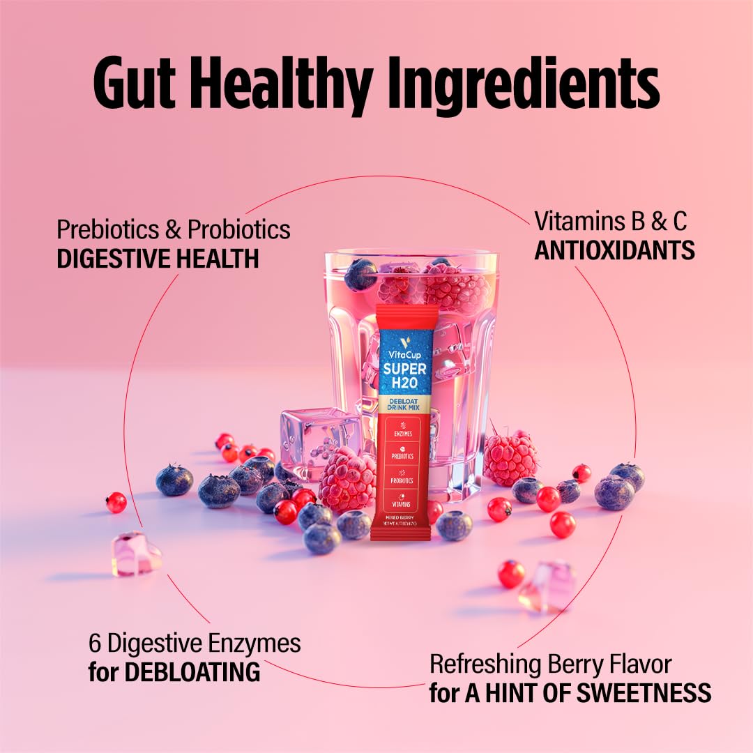 VitaCup Super H2O Bloating Relief and Digestive Health Drink Mix Packets, Probiotics, Prebiotics, C & B Vitamins, Mixed Berry Flavor Water Enhancer Packets, 16Ct - OzHealthStandard