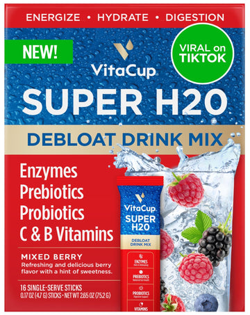 VitaCup Super H2O Bloating Relief and Digestive Health Drink Mix Packets, Probiotics, Prebiotics, C & B Vitamins, Mixed Berry Flavor Water Enhancer Packets, 16Ct - OzHealthStandard