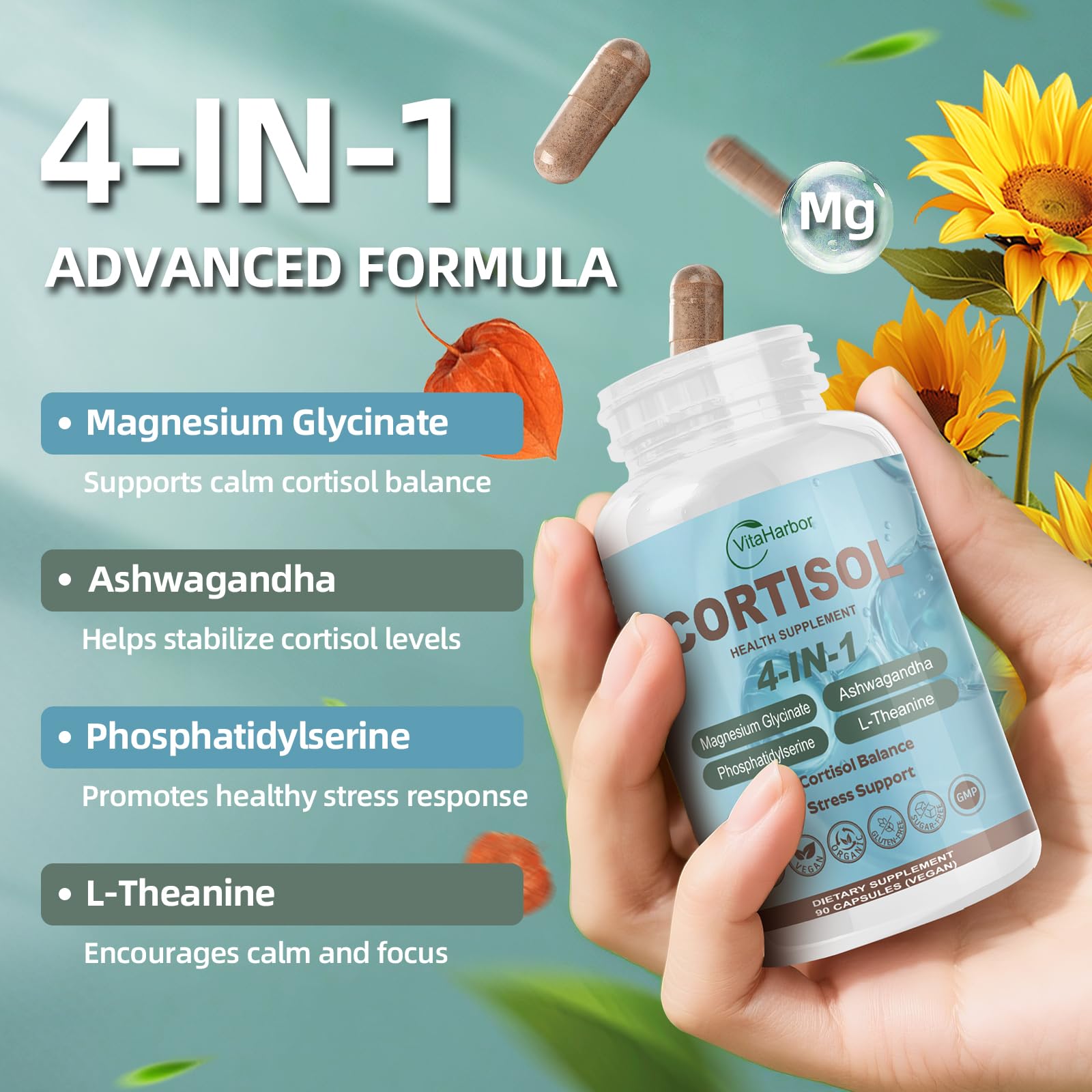 VitaHarbor Cortisol Supplement for Women and Men, 4-in-1 Cortisol Reducer with Magnesium Glycinate, Ashwagandha, Phosphatidylserine, L-Theanine, for Relaxation & Calm Support, 90 Veg Caps - OzHealthStandard
