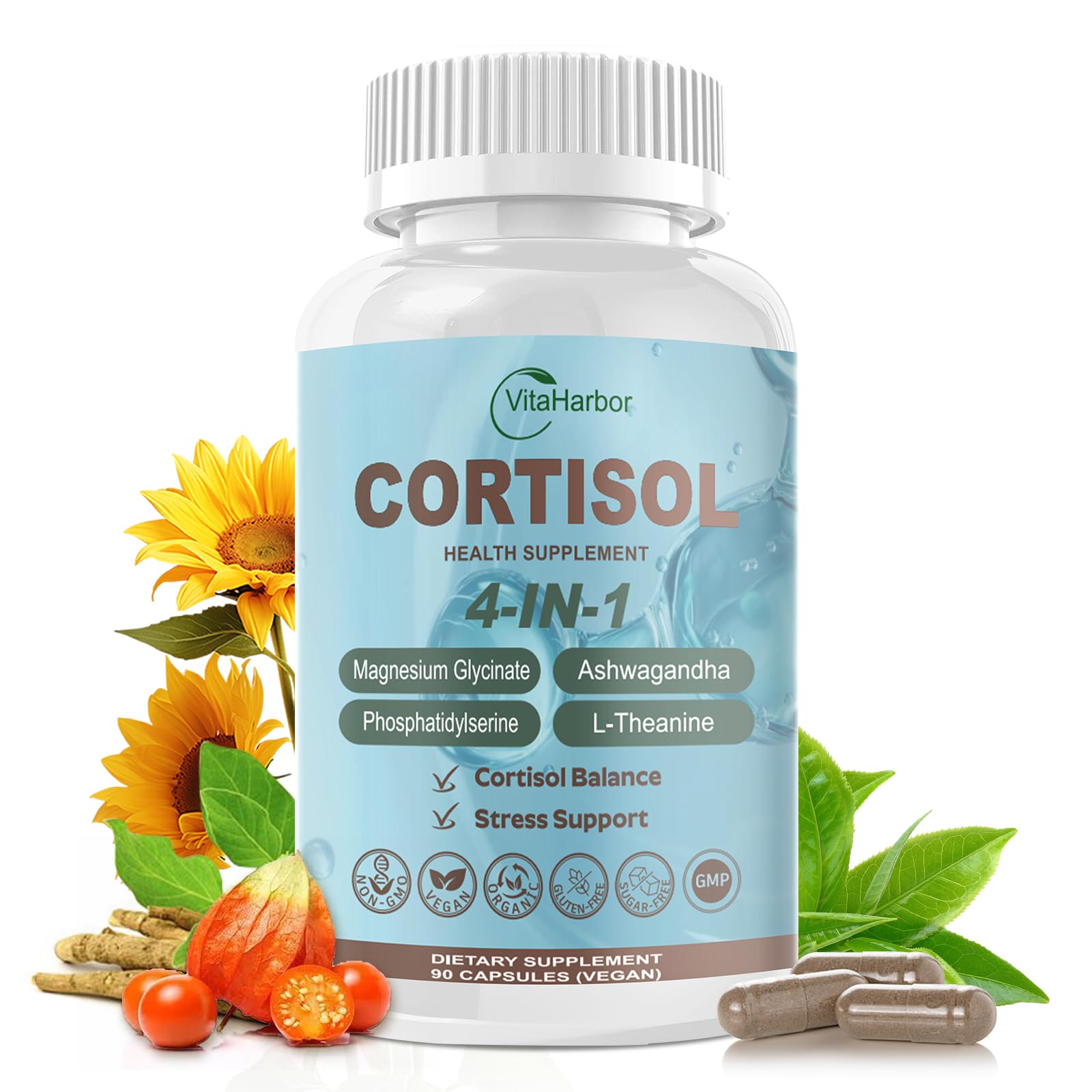 VitaHarbor Cortisol Supplement for Women and Men, 4-in-1 Cortisol Reducer with Magnesium Glycinate, Ashwagandha, Phosphatidylserine, L-Theanine, for Relaxation & Calm Support, 90 Veg Caps - OzHealthStandard