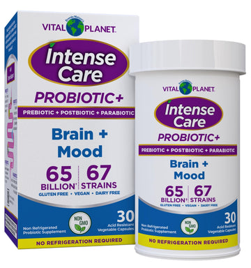 Vital Planet - Intense Care Brain & Mood Probiotics, Organic Prebiotics, Postbiotics, Parabiotics, Complete 4-in-1 Health Supplement for Adults, 65 Billion CFU, 67 Strains, Digestive and Immune 30 ct - OzHealthStandard