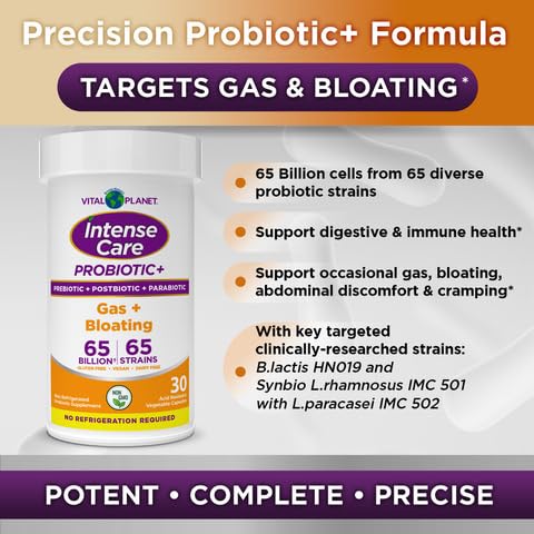 Vital Planet - Intense Care Gas & Bloating Probiotics Plus Organic Prebiotics, Postbiotics, Parabiotics, Complete 4-in-1 Supplement for Adults, 65 Billion CFU, 65 Strains, Digestive and Immune 30 ct - OzHealthStandard