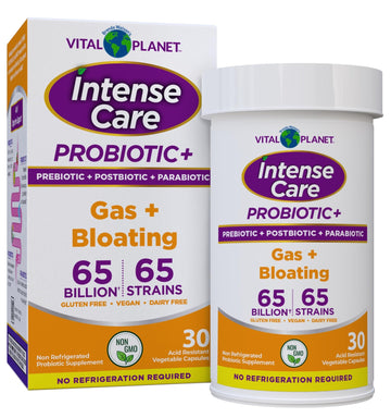 Vital Planet - Intense Care Gas & Bloating Probiotics Plus Organic Prebiotics, Postbiotics, Parabiotics, Complete 4-in-1 Supplement for Adults, 65 Billion CFU, 65 Strains, Digestive and Immune 30 ct - OzHealthStandard