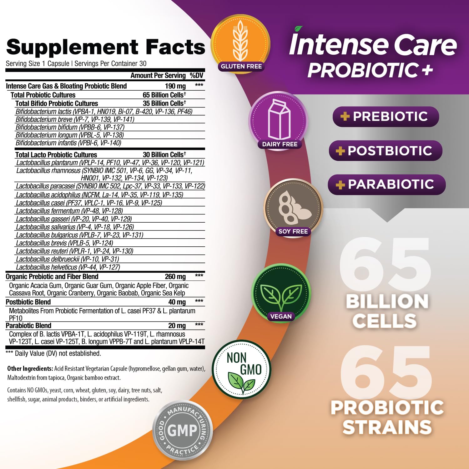 Vital Planet - Intense Care Gas & Bloating Probiotics Plus Organic Prebiotics, Postbiotics, Parabiotics, Complete 4-in-1 Supplement for Adults, 65 Billion CFU, 65 Strains, Digestive and Immune 30 ct - OzHealthStandard
