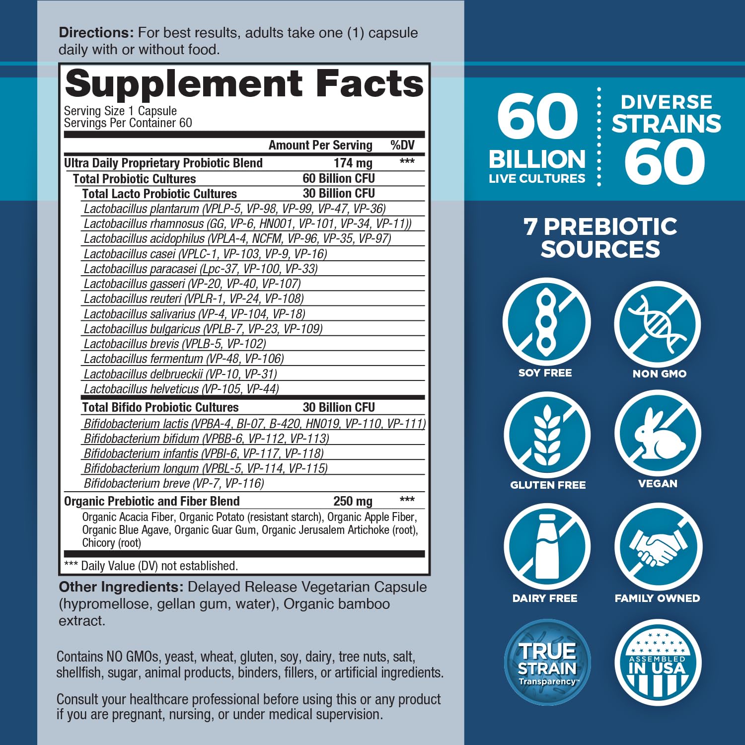 Vital Planet - Vital Flora Ultra Daily Probiotic 60 Billion CFU, Diverse Strains, Organic Prebiotics, Immune Support, Bloating Relief, Digestive Health Probiotics for Women and Men 60 Capsules - OzHealthStandard