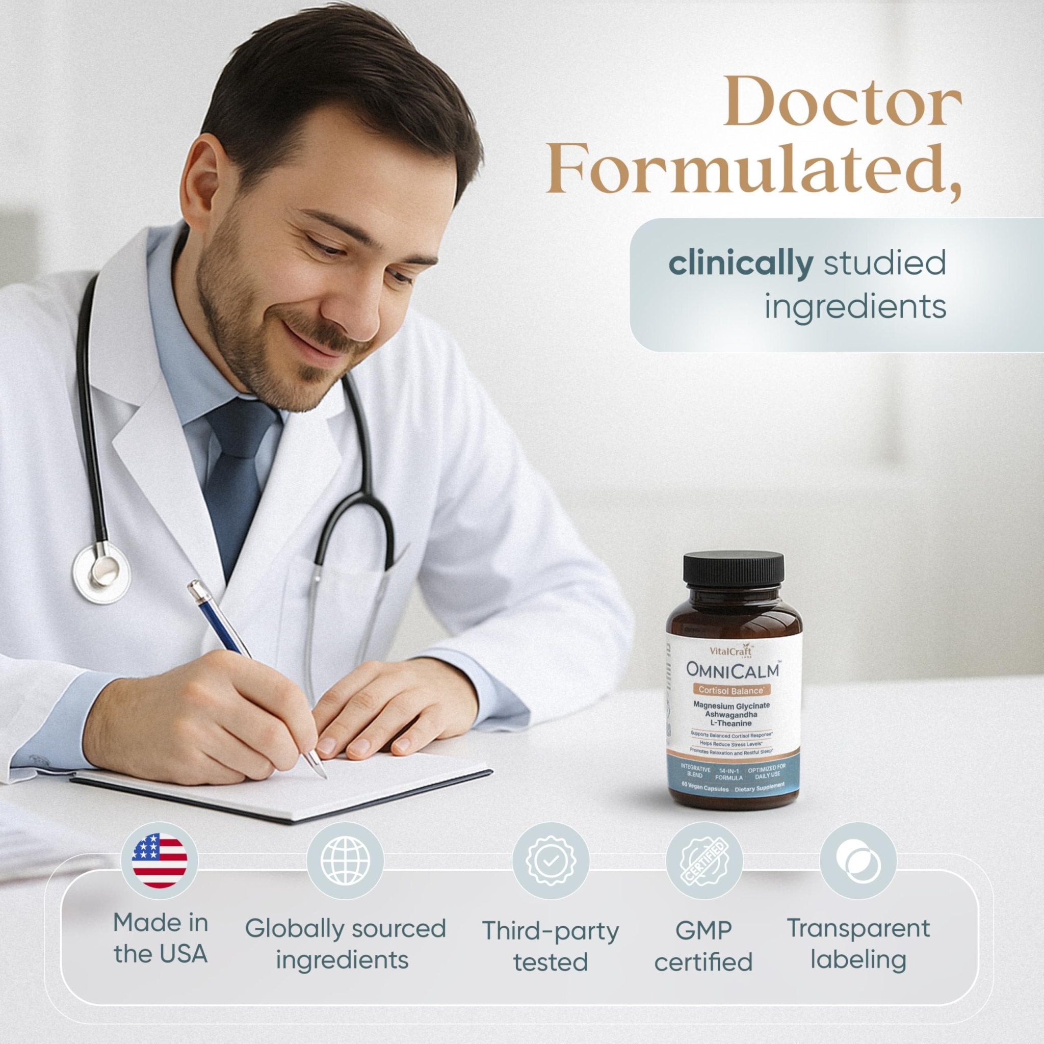VITALCRAFT LABS OmniCalm Cortisol Supplements for Women & Men | Stress Relief & Sleep Support with Magnesium & Ashwagandha, L Theanine | 14-in-1 Cortisol Reducer, Manager, Detox – USA - OzHealthStandard