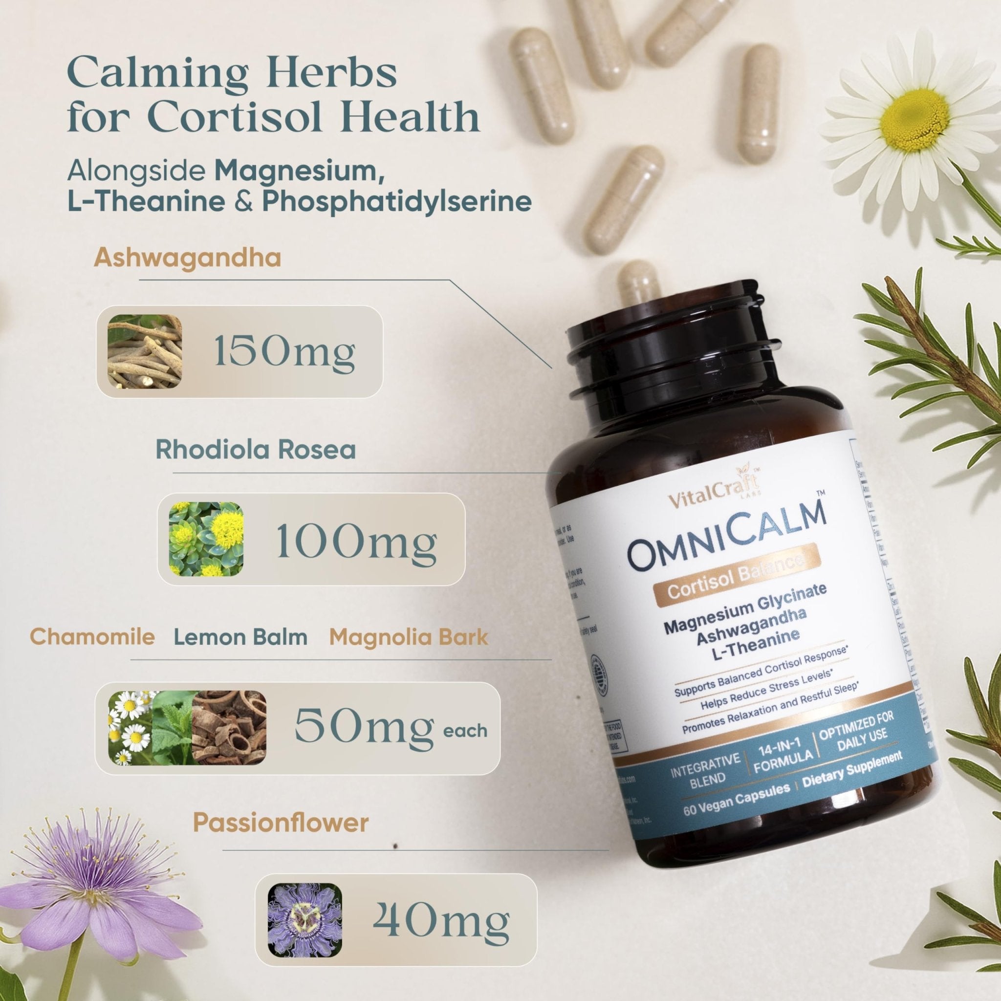 VITALCRAFT LABS OmniCalm Cortisol Supplements for Women & Men | Stress Relief & Sleep Support with Magnesium & Ashwagandha, L Theanine | 14-in-1 Cortisol Reducer, Manager, Detox – USA - OzHealthStandard