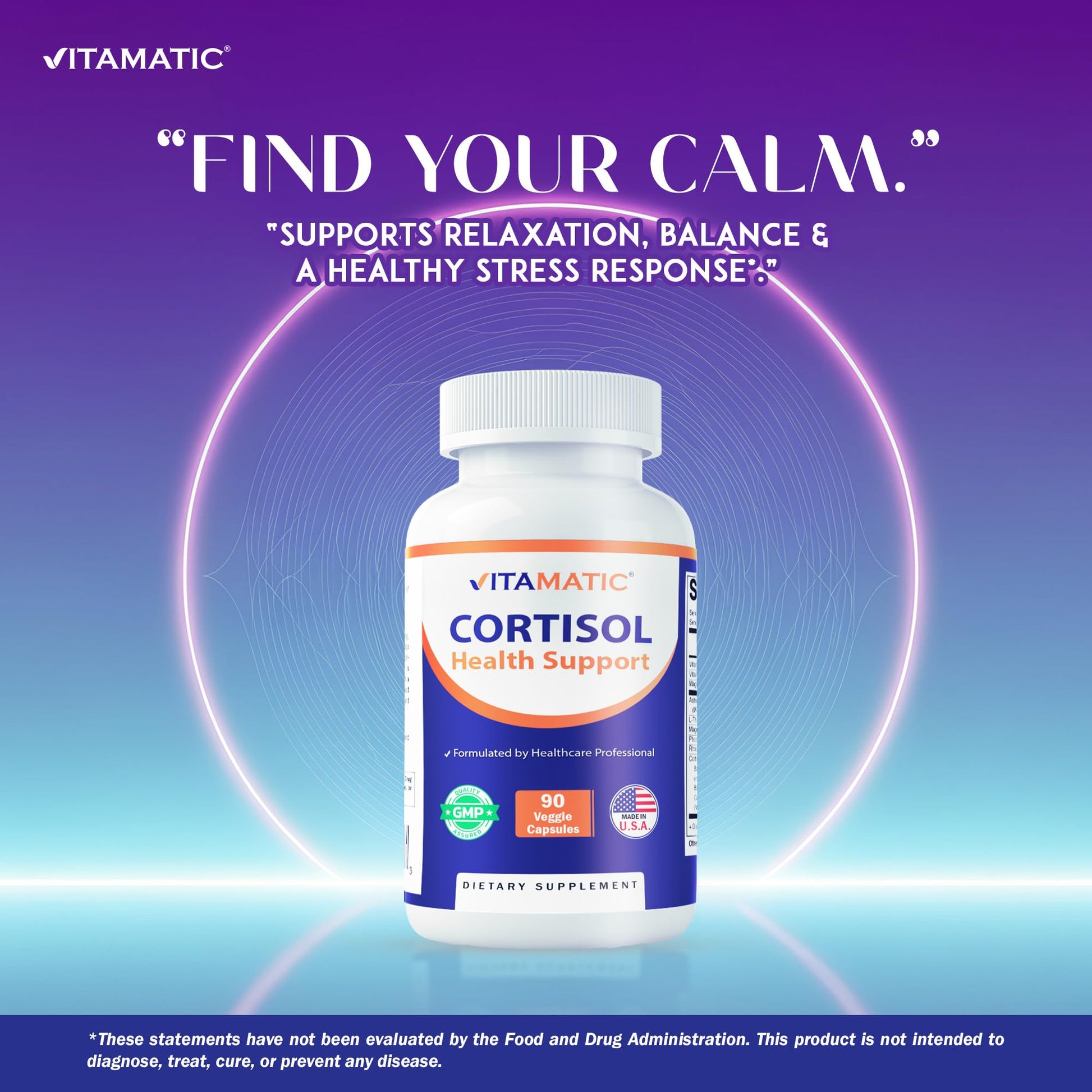 Vitamatic Cortisol Health Support - 90 Veggie Capsules - Made with Adaptogenic Blend with Ashwagandha, Rhodiola, Magnolia, L-Theanine, Phosphatidylserine - OzHealthStandard