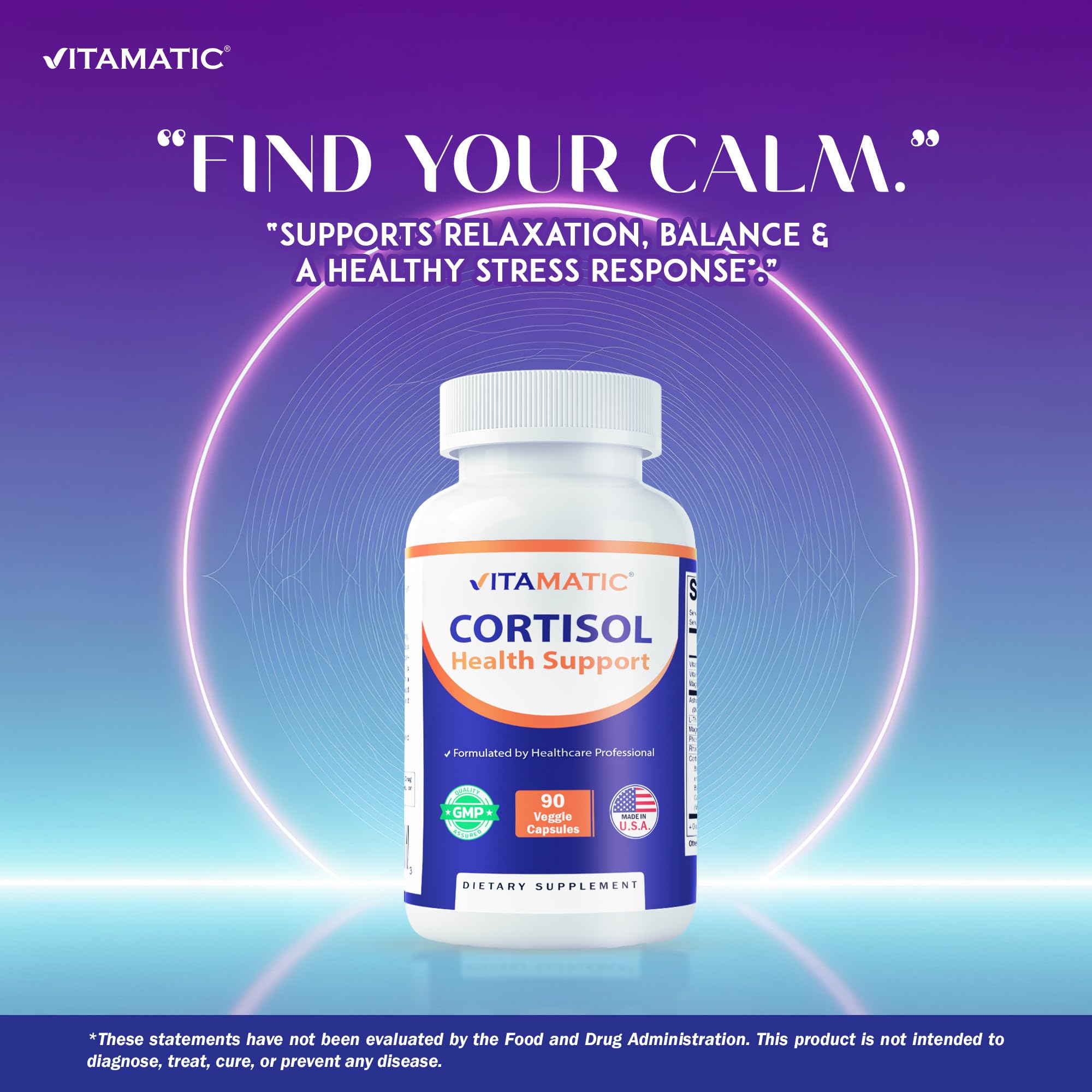 Vitamatic Cortisol Health Support - 90 Veggie Capsules - Made with Adaptogenic Blend with Ashwagandha, Rhodiola, Magnolia, L-Theanine, Phosphatidylserine - OzHealthStandard