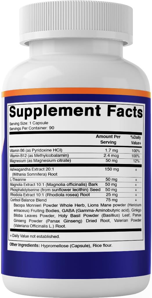 Vitamatic Cortisol Health Support - 90 Veggie Capsules - Made with Adaptogenic Blend with Ashwagandha, Rhodiola, Magnolia, L-Theanine, Phosphatidylserine - OzHealthStandard