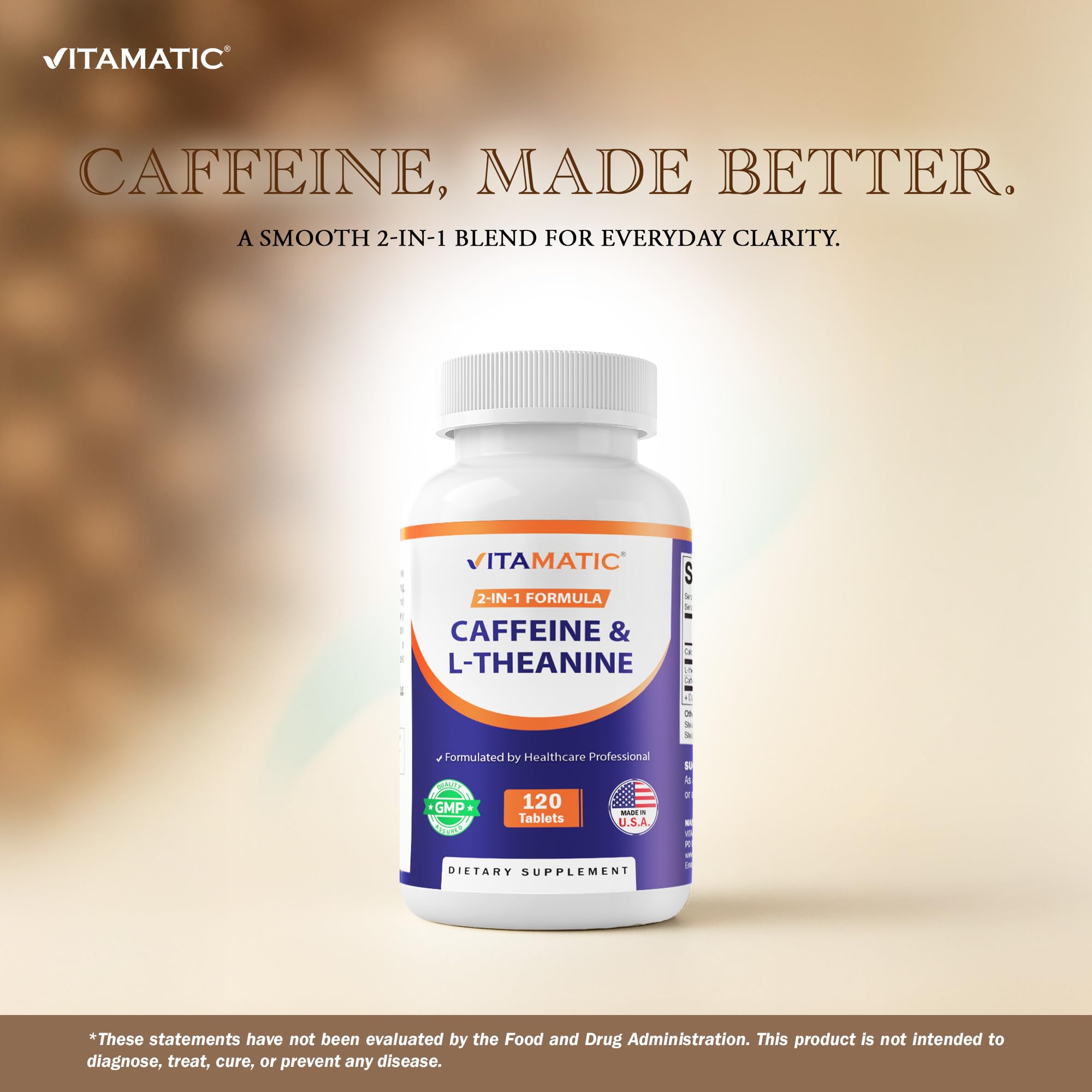 Vitamatic L-Theanine 200mg with Caffeine 100mg – 120 Vegetarian Tablets Nootropic Supplement for Focused Energy & Mental Clarity - OzHealthStandard