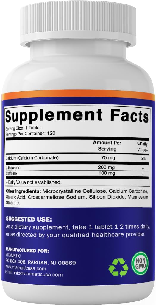 Vitamatic L-Theanine 200mg with Caffeine 100mg – 120 Vegetarian Tablets Nootropic Supplement for Focused Energy & Mental Clarity - OzHealthStandard