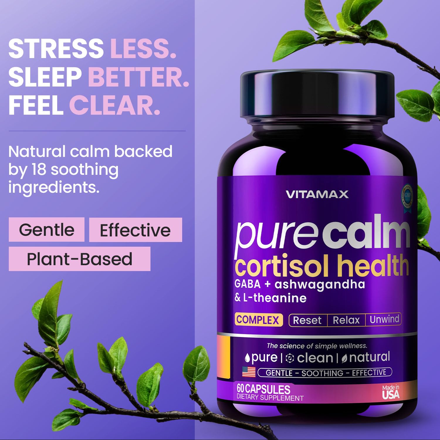Vitamax Pure Calm Cortisol Supplements for Women - L Theanine, Ashwagandha, GABA for Relaxation, Mood & Stress Support with Ginkgo Biloba, Bacopa Monnieri, 5-HTP – Non-GMO, Made in USA – 60ct - OzHealthStandard