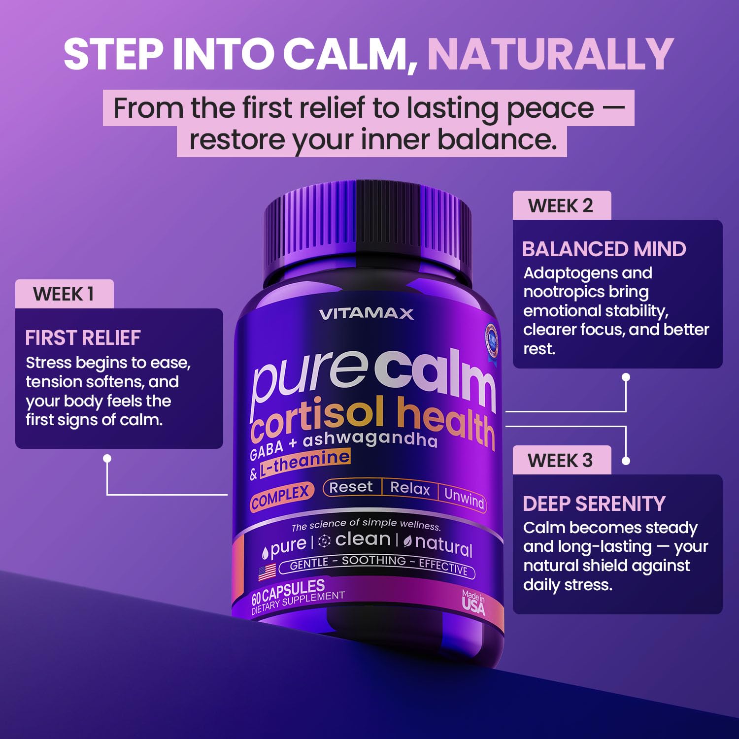 Vitamax Pure Calm Cortisol Supplements for Women - L Theanine, Ashwagandha, GABA for Relaxation, Mood & Stress Support with Ginkgo Biloba, Bacopa Monnieri, 5-HTP – Non-GMO, Made in USA – 60ct - OzHealthStandard