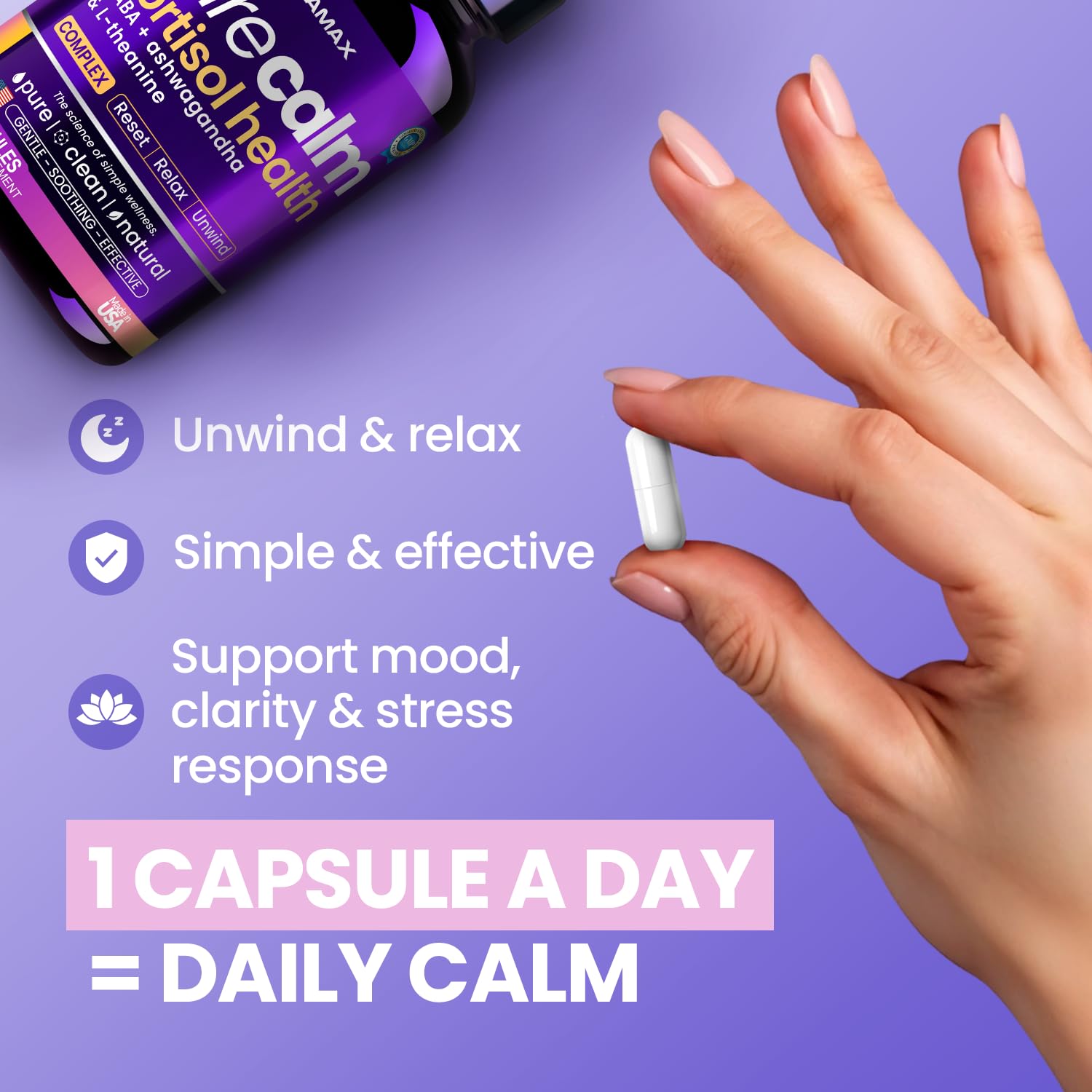 Vitamax Pure Calm Cortisol Supplements for Women - L Theanine, Ashwagandha, GABA for Relaxation, Mood & Stress Support with Ginkgo Biloba, Bacopa Monnieri, 5-HTP – Non-GMO, Made in USA – 60ct - OzHealthStandard