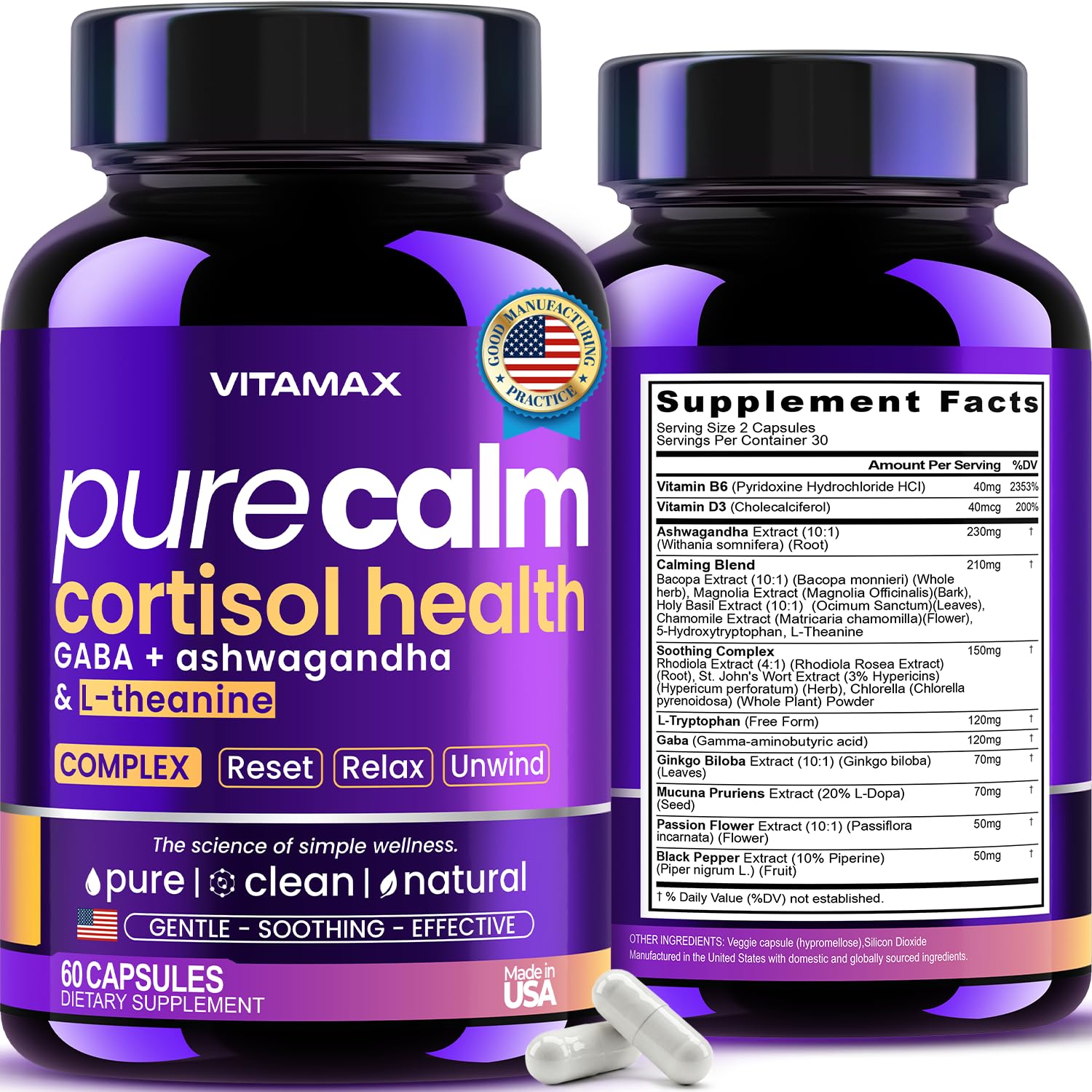 Vitamax Pure Calm Cortisol Supplements for Women - L Theanine, Ashwagandha, GABA for Relaxation, Mood & Stress Support with Ginkgo Biloba, Bacopa Monnieri, 5-HTP – Non-GMO, Made in USA – 60ct - OzHealthStandard