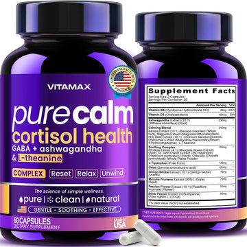 Vitamax Pure Calm Cortisol Supplements for Women - L Theanine, Ashwagandha, GABA for Relaxation, Mood & Stress Support with Ginkgo Biloba, Bacopa Monnieri, 5-HTP – Non-GMO, Made in USA – 60ct - OzHealthStandard