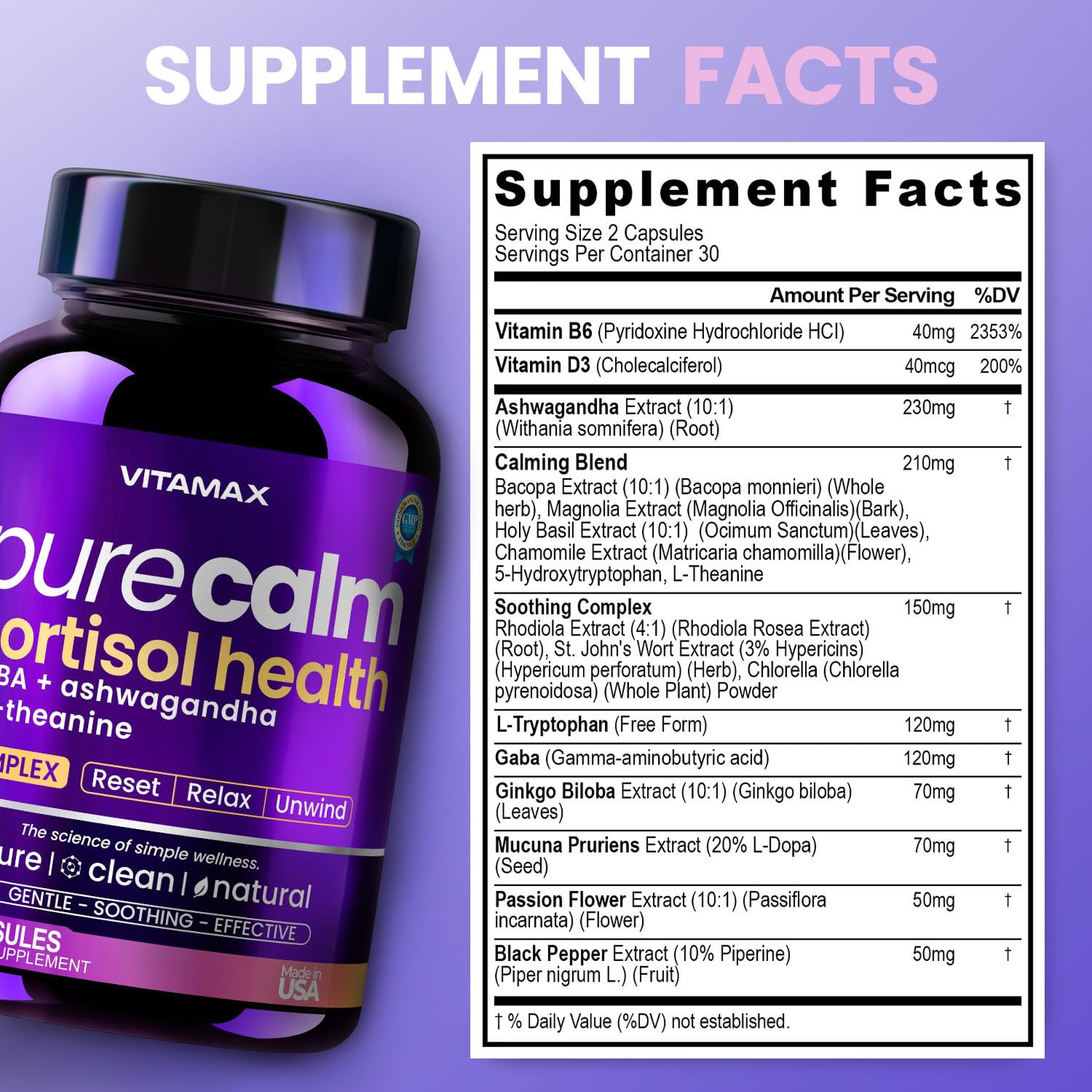 Vitamax Pure Calm Cortisol Supplements for Women - L Theanine, Ashwagandha, GABA for Relaxation, Mood & Stress Support with Ginkgo Biloba, Bacopa Monnieri, 5-HTP – Non-GMO, Made in USA – 60ct - OzHealthStandard