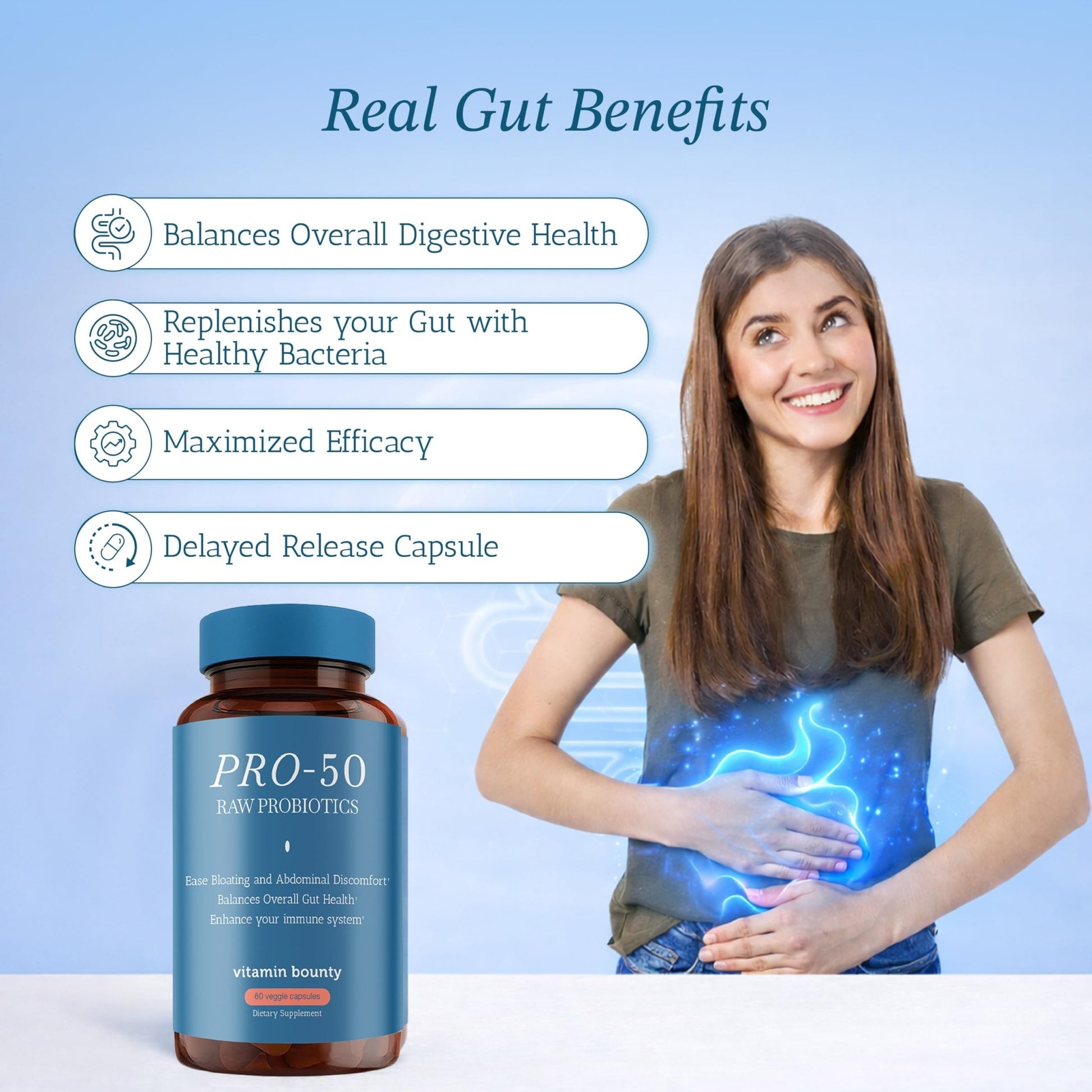 Vitamin Bounty Pro-50 Probiotics 50 Billion CFU for Women & Men - 13 Multi Strain Probiotic + Prebiotic - Digestive Health Supplements for Gut Health Support - Delayed Release Capsules for Men & Women - OzHealthStandard
