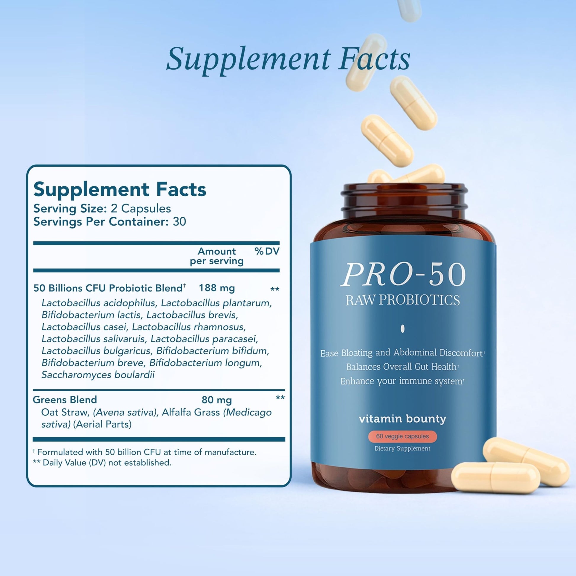 Vitamin Bounty Pro-50 Probiotics 50 Billion CFU for Women & Men - 13 Multi Strain Probiotic + Prebiotic - Digestive Health Supplements for Gut Health Support - Delayed Release Capsules for Men & Women - OzHealthStandard