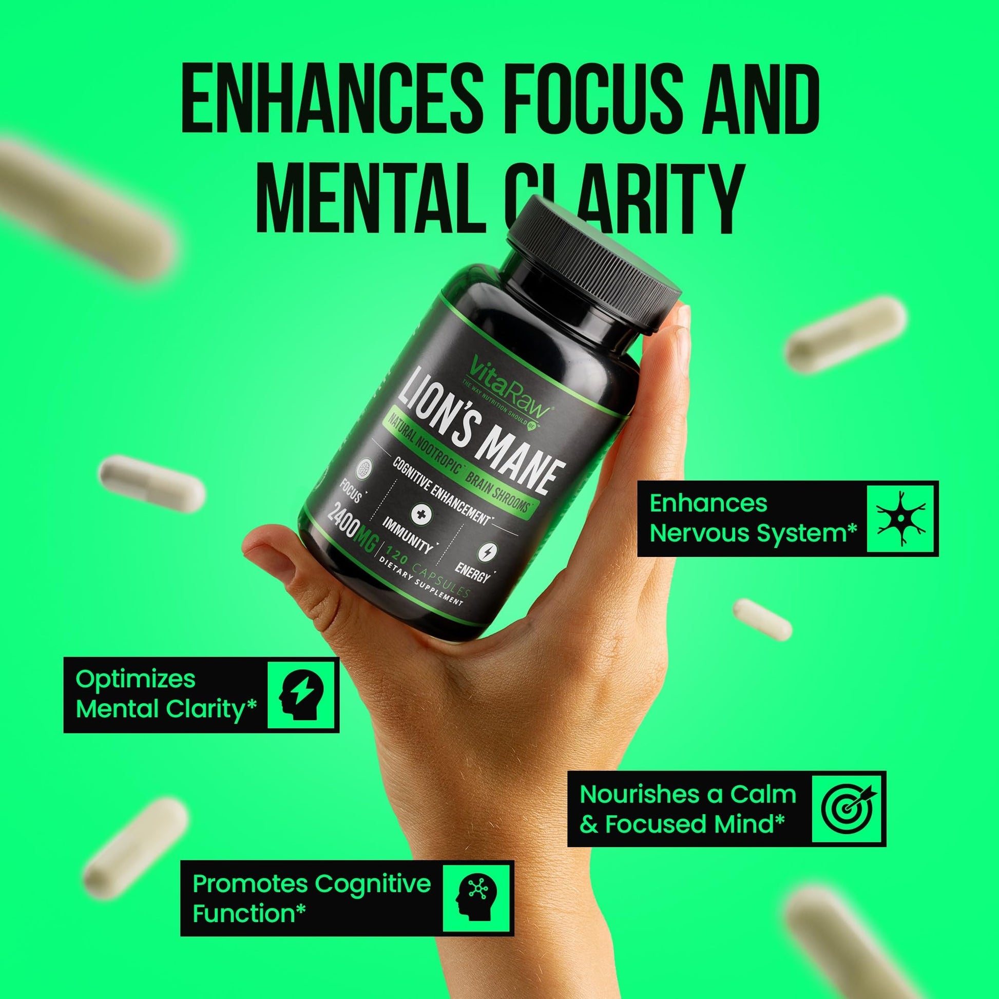 VitaRaw Organic Lions Mane Supplement Capsules 2400 mg - Powerful Nootropic - Helps Maintain Memory, Energy, and Mental Clarity - Vegan Brain Booster Focus Pills - Real Lion's Mane Supplement - OzHealthStandard
