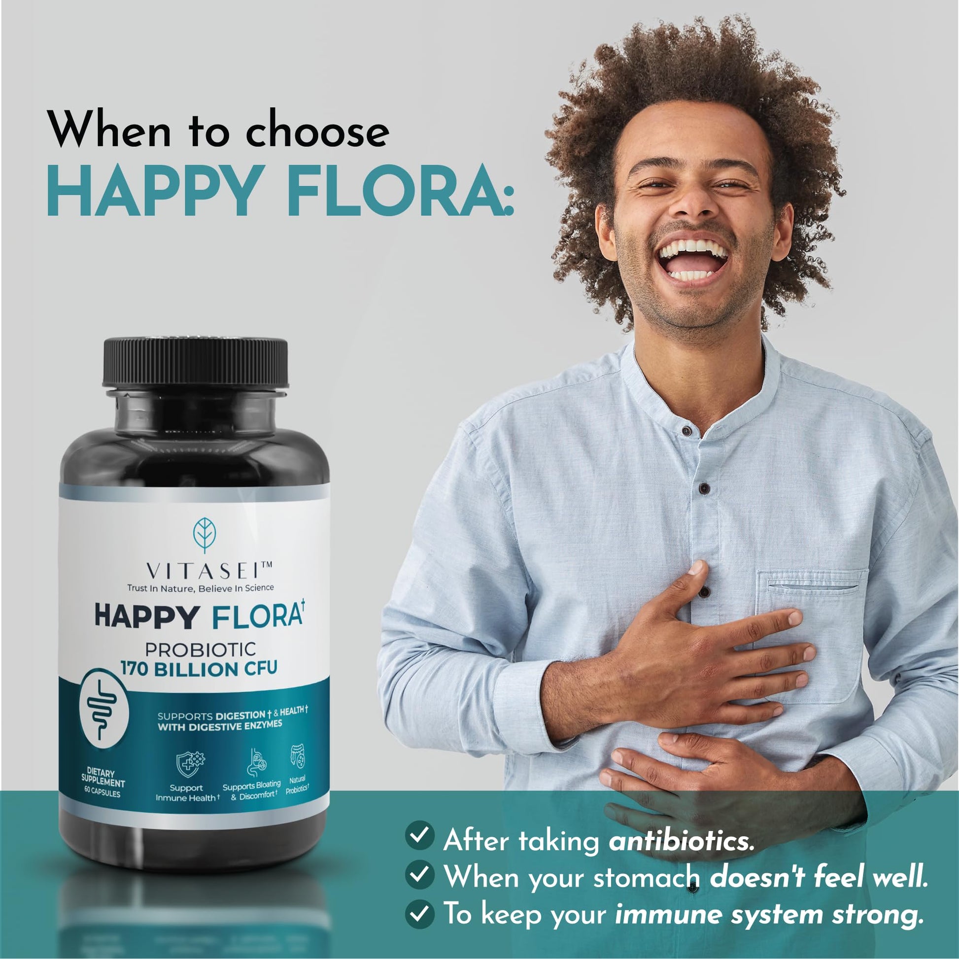 VITASEI Happy Flora, Probiotic Supplement 170 Billion CFU for a Healthy Gut Health with enzymes for Digestion, probiotics for Women and Men, 1 Bottle - 60 Capsules - OzHealthStandard