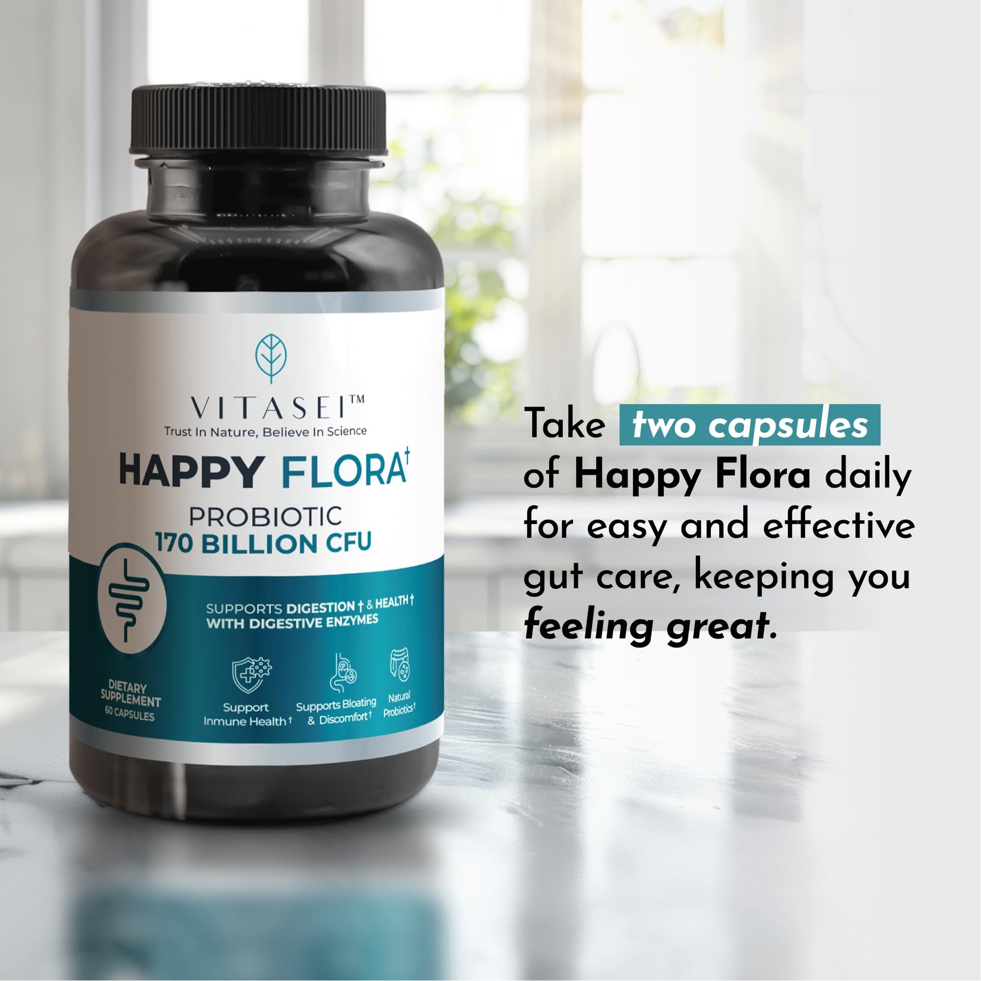 VITASEI Happy Flora, Probiotic Supplement 170 Billion CFU for a Healthy Gut Health with enzymes for Digestion, probiotics for Women and Men, 1 Bottle - 60 Capsules - OzHealthStandard