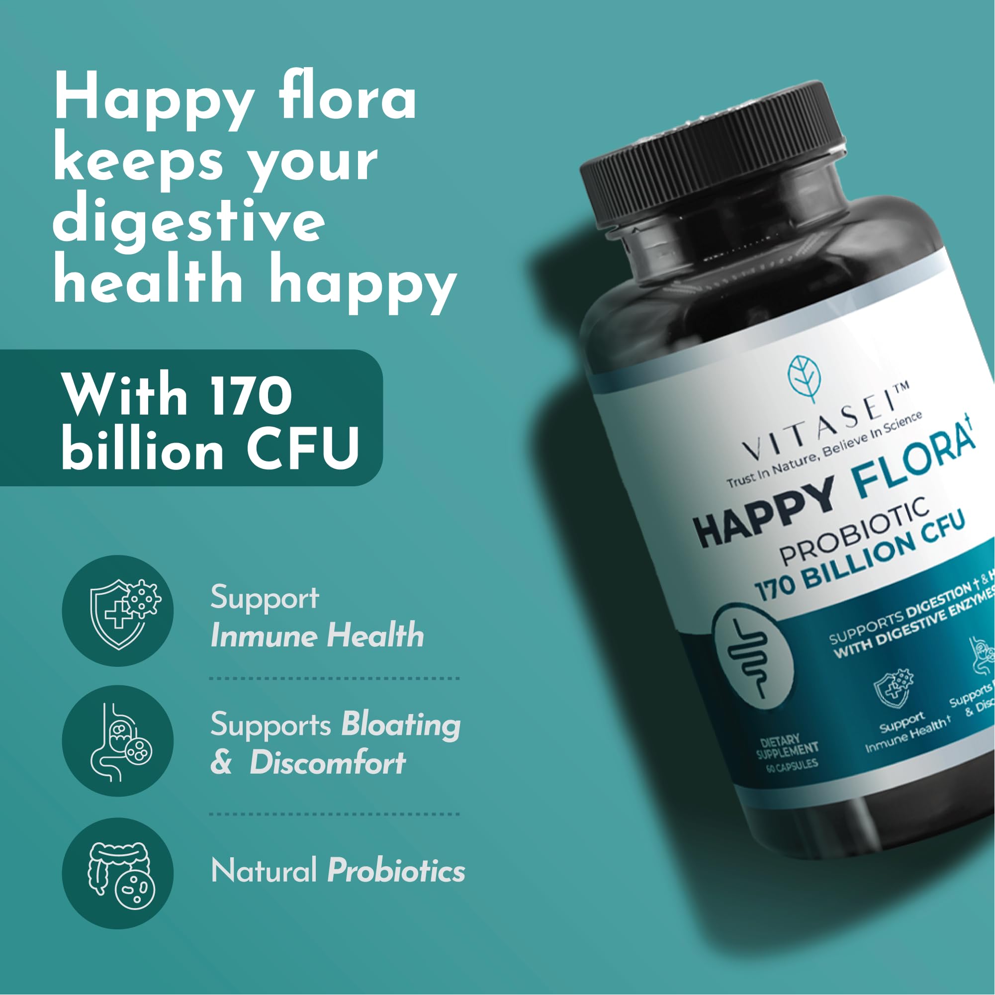 VITASEI Happy Flora, Probiotic Supplement 170 Billion CFU for a Healthy Gut Health with enzymes for Digestion, probiotics for Women and Men, 1 Bottle - 60 Capsules - OzHealthStandard