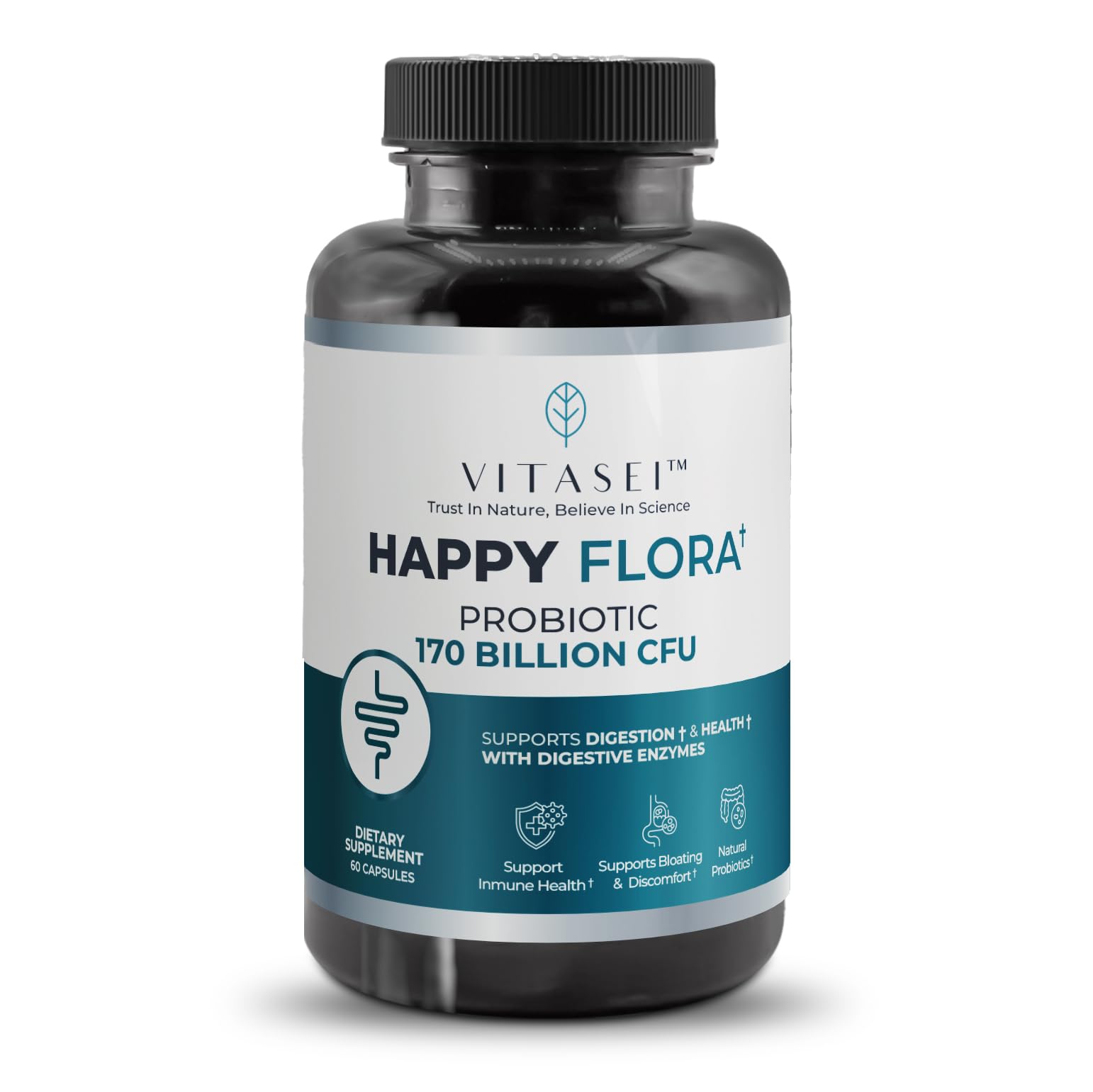 VITASEI Happy Flora, Probiotic Supplement 170 Billion CFU for a Healthy Gut Health with enzymes for Digestion, probiotics for Women and Men, 1 Bottle - 60 Capsules - OzHealthStandard