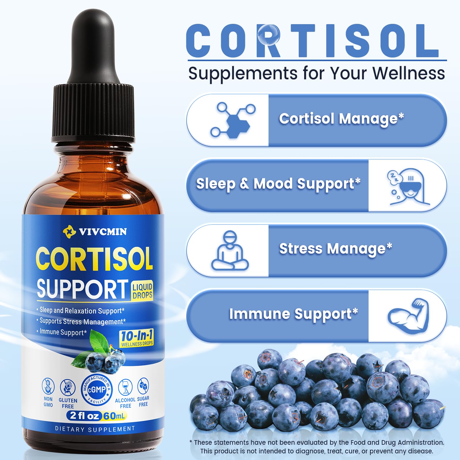 vivcmin 10 in 1 Cortisol Supplements for Women & Men, Cortisol Reducer with Ashwagandha, Magnesium, L-Theanine, Hormone Balance Drops - Sleep & Mood Support, 2 Fl Oz, Blueberry Flavor - OzHealthStandard