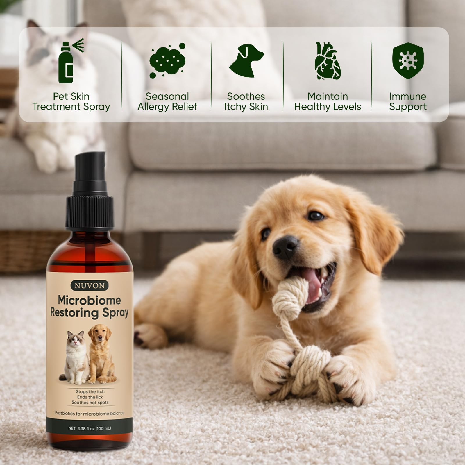 Wanciment NUVON Postbiotic Spray - Hot Spot Treatment for Dogs & Cats - Helps Alleviate Sensitive Skin, Scratching, and Licking of Coat - 3.38 fl oz - OzHealthStandard